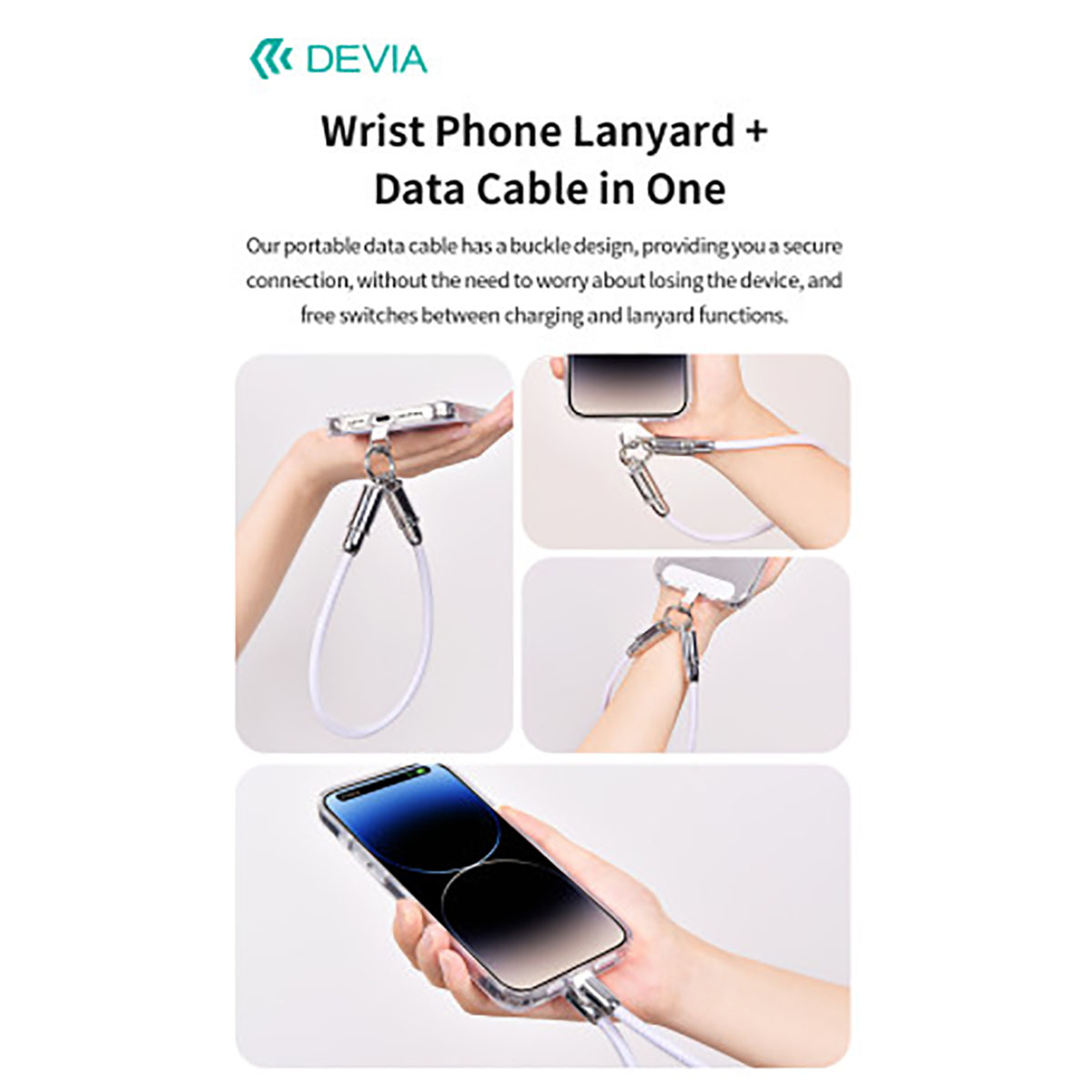 Laccetto da polso per telefono con cavo dati, mostrato in più viste con un telefono.