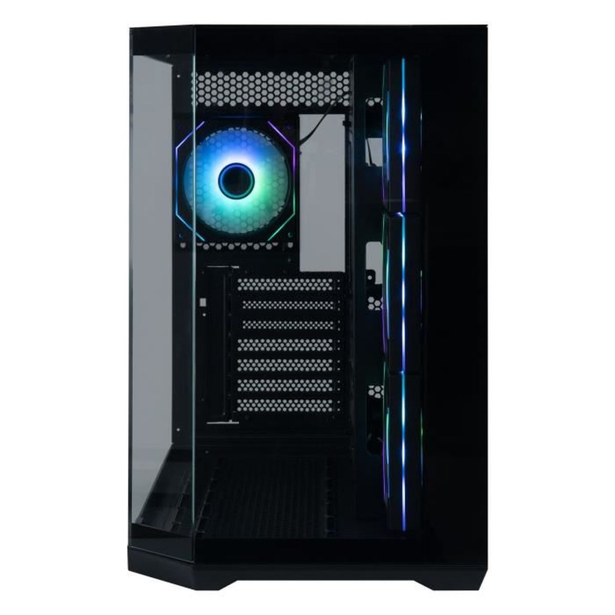 Un case per computer nero con un pannello laterale in vetro. All'interno, una ventola colorata e altri componenti sono visibili.