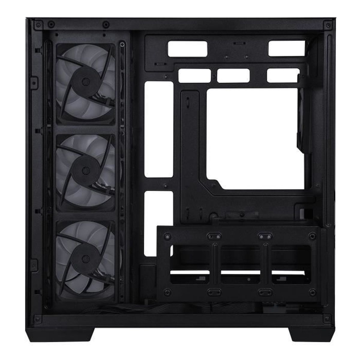 Interno di un case per computer nero. Sono visibili tre ventole, insieme agli spazi per i componenti.
