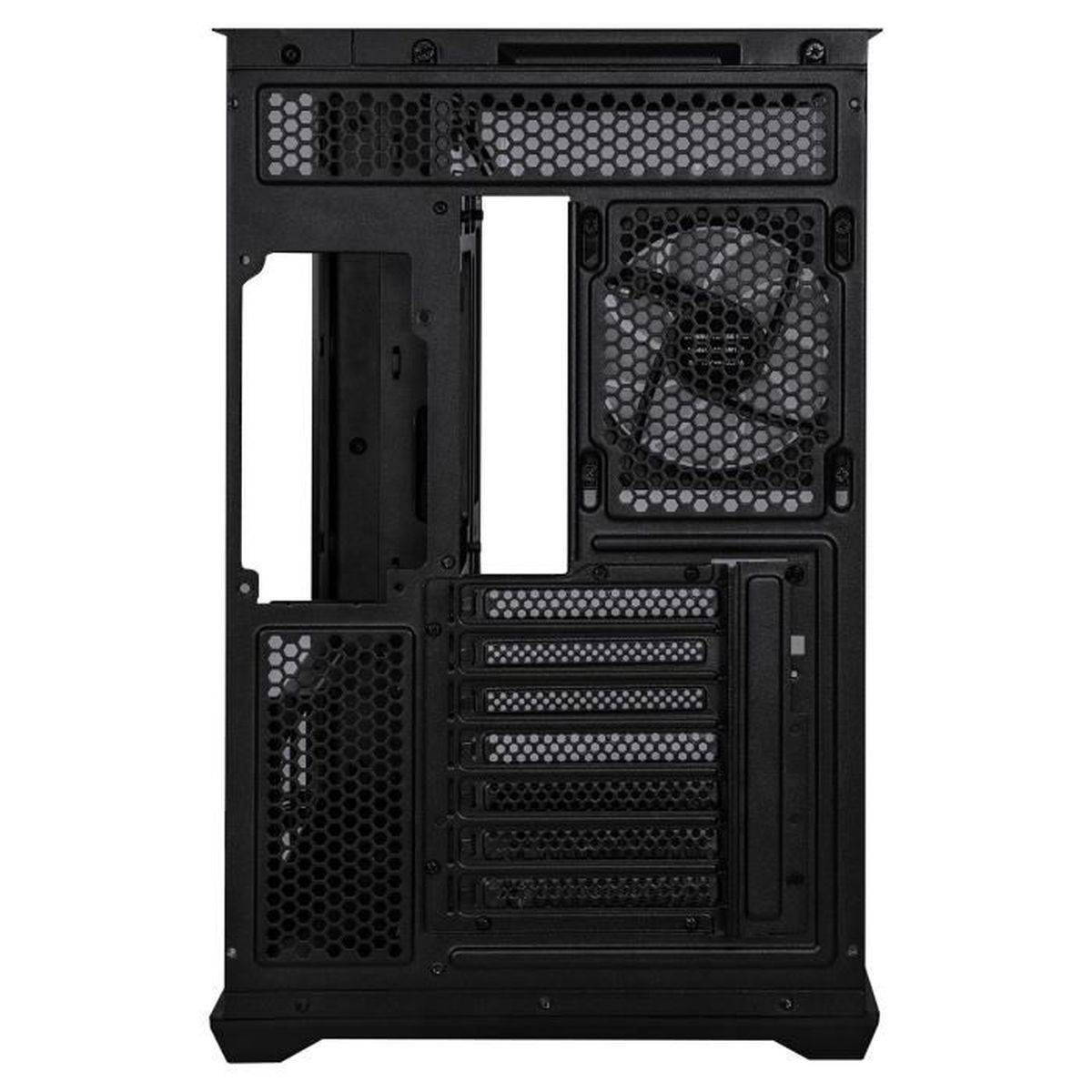 Vista posteriore di un case per computer nero con ventola e fori di ventilazione.
