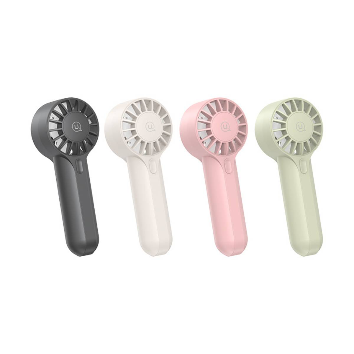 Cuatro ventiladores de mano en negro, blanco, rosa y verde. Cada uno tiene un mango y una cabeza de ventilador.