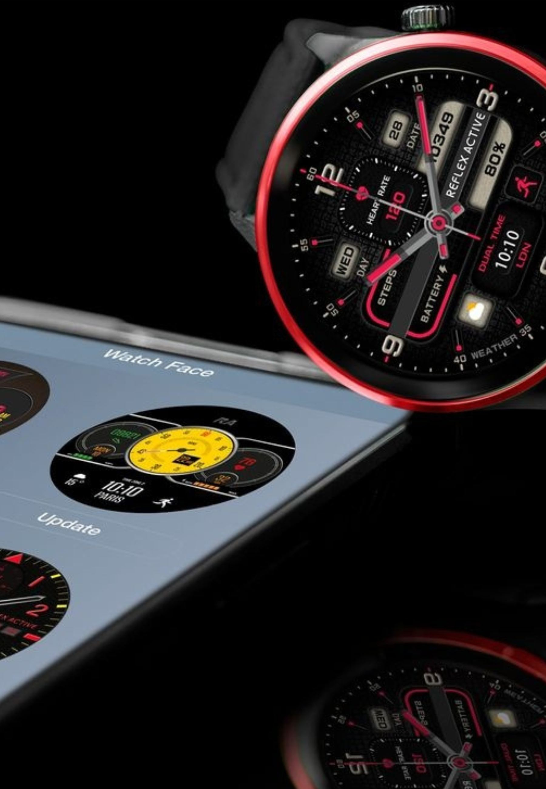 Ein Smartwatch-Bildschirm, der mehrere Zifferblätter anzeigt. Die Uhr hat eine rote Lünette.