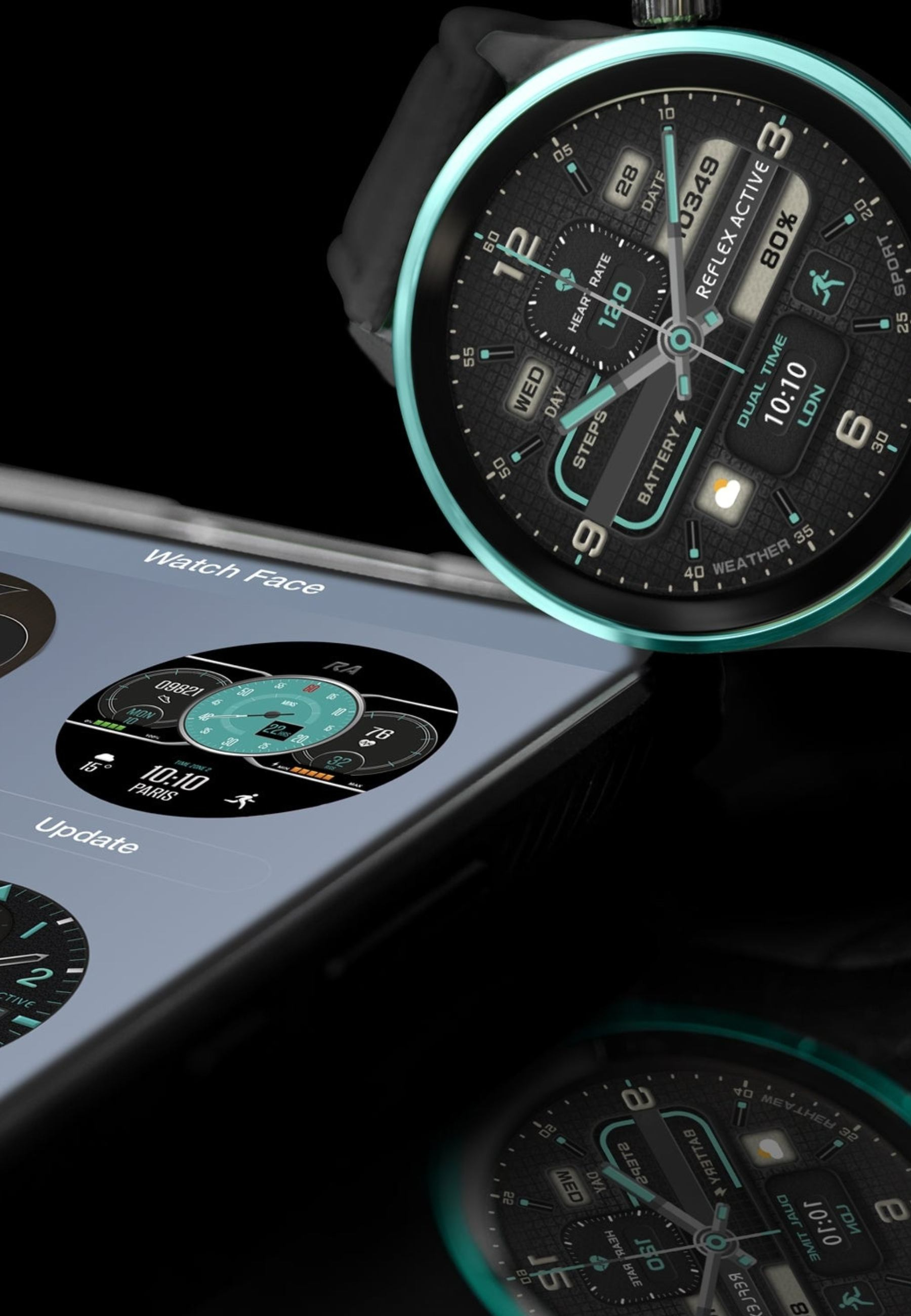 Nahaufnahme einer Smartwatch auf einem Telefon, das seine Oberfläche anzeigt. Die Uhr hat ein schwarzes Zifferblatt und tealfarbene Akzente.