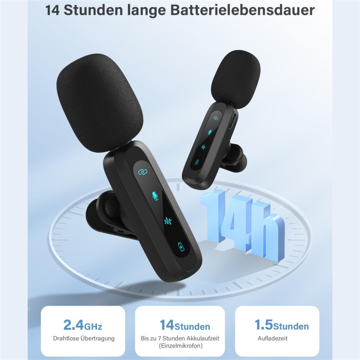 Eine Grafik mit zwei Mikrofonen mit deutschem Text. Zeigt 2,4 GHz und 14 Stunden Akkulaufzeit.