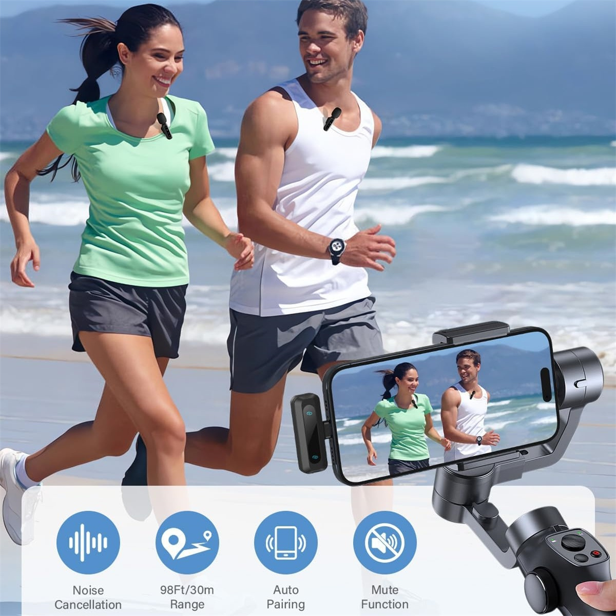 Zwei Personen rennen am Strand und tragen Mikrofone. Ein Telefon zeigt sie auf einem Gimbal.