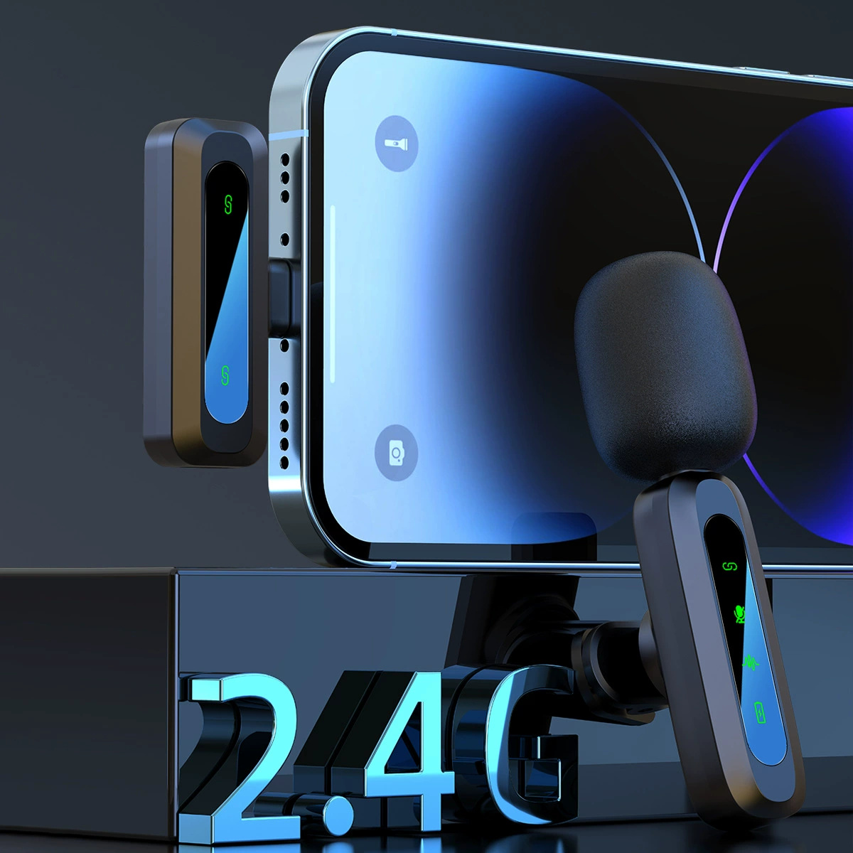 Ein Mikrofon, das mit einem Telefon verbunden ist. Das Telefon befindet sich vor einer schwarzen Oberfläche mit der blauen Zahl 2.4G.