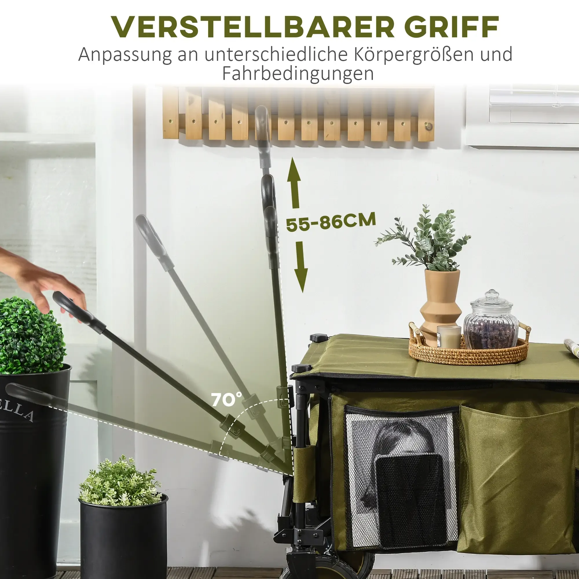 Ein grüner, zusammenklappbarer Transportwagen mit Abmessungen, mit einer Hand, die den Winkel des Griffs einstellt.