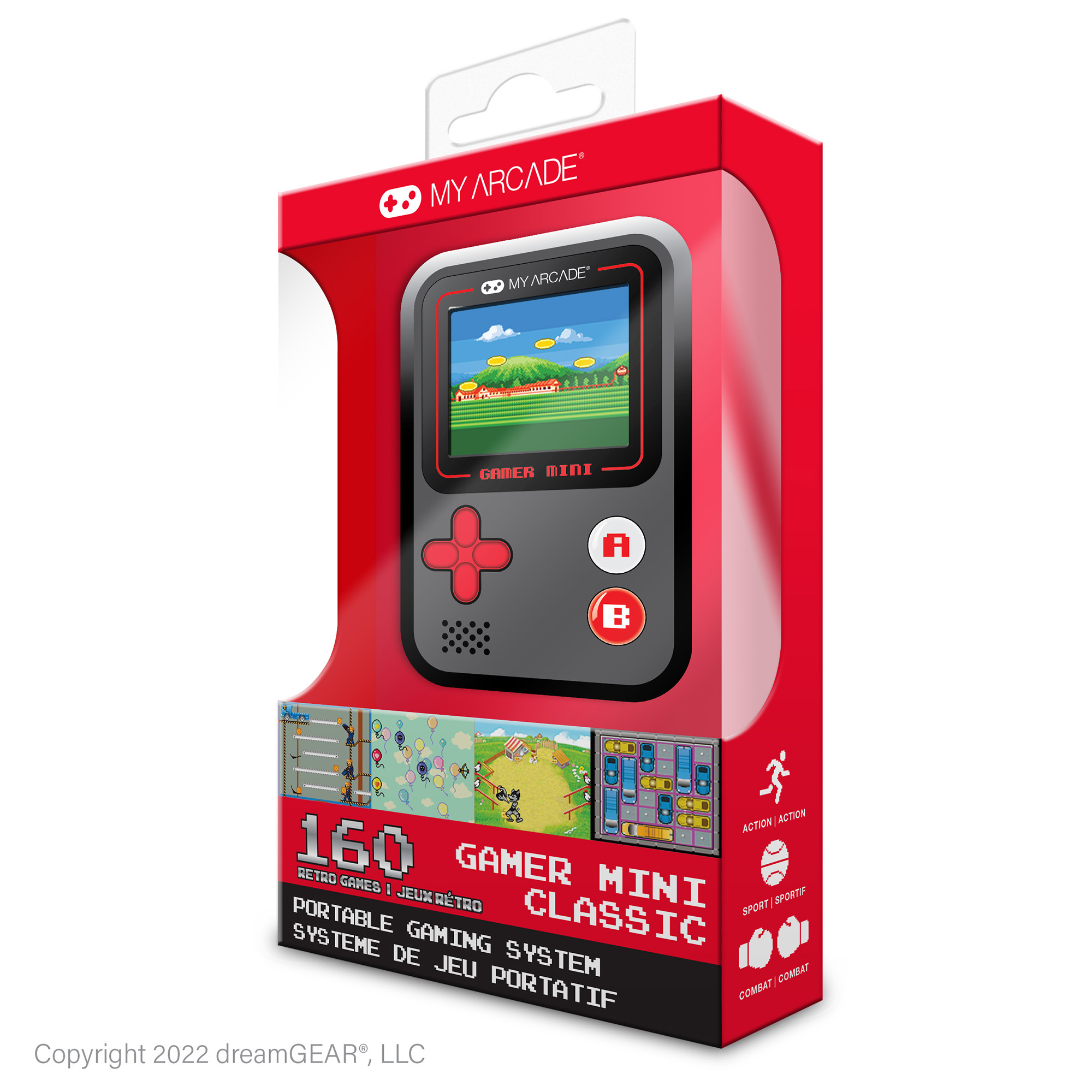 Una caja roja muestra una consola de juegos portátil retro. La caja presenta la marca "My Arcade" en la parte superior.