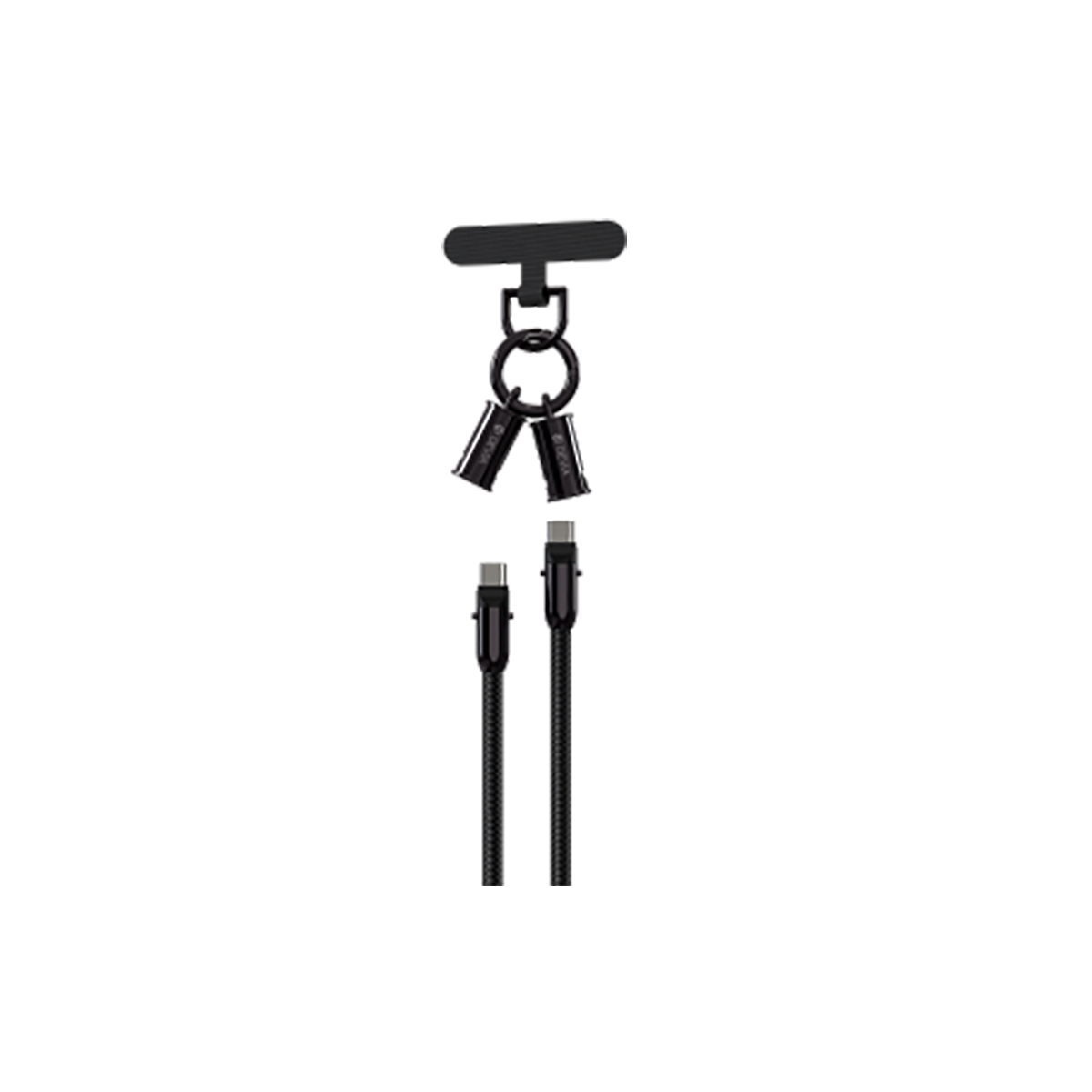 Schwarze USB-C-Kabel und ein Stecker auf weißem Hintergrund. Der Stecker hat einen Ring und zwei Anschlüsse.