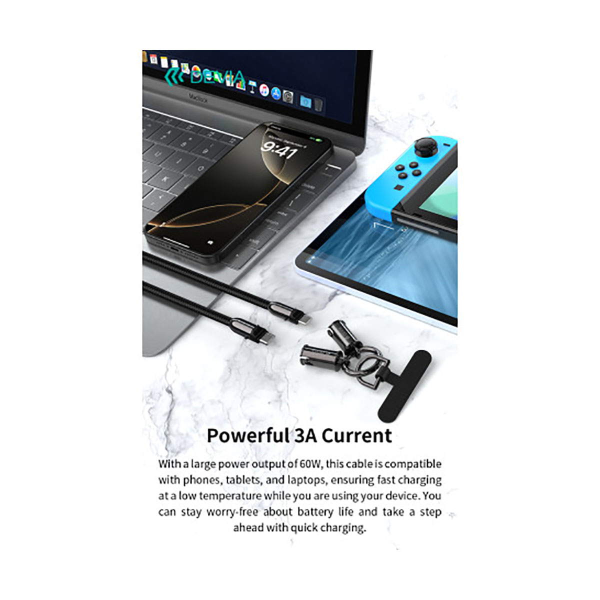 Ein Telefon liegt auf einem Laptop. Ein Ladekabel ist mit dem Telefon verbunden. Ein Tablet und ein Gamecontroller sind sichtbar.
