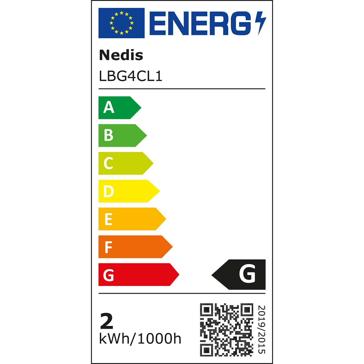 Una etiqueta energética con la marca "Nedis". Muestra clasificaciones de eficiencia energética, un código QR y consumo.