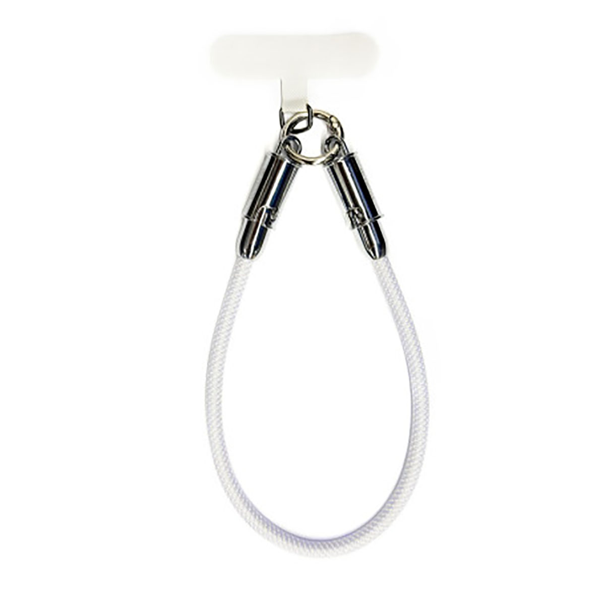Cinturino per telefono con cordino bianco e connettori in metallo argentato. Ha un design ad anello e un pezzo superiore per il fissaggio.