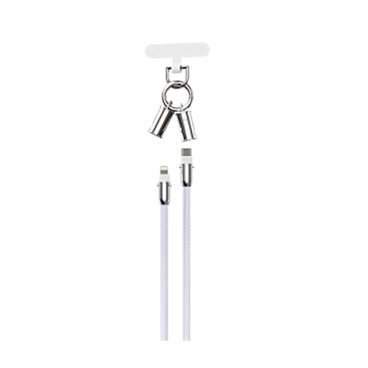 Weißes Kabel mit silberfarbenen Metallverbindern. Zwei Kabel sind verbunden, mit einem separaten Oberteil zur Befestigung.