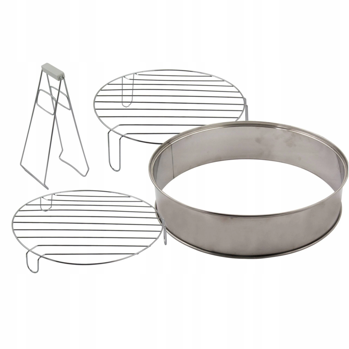 Edelstahl-Kochset mit Ring, zwei Grills und einem Griffständer.