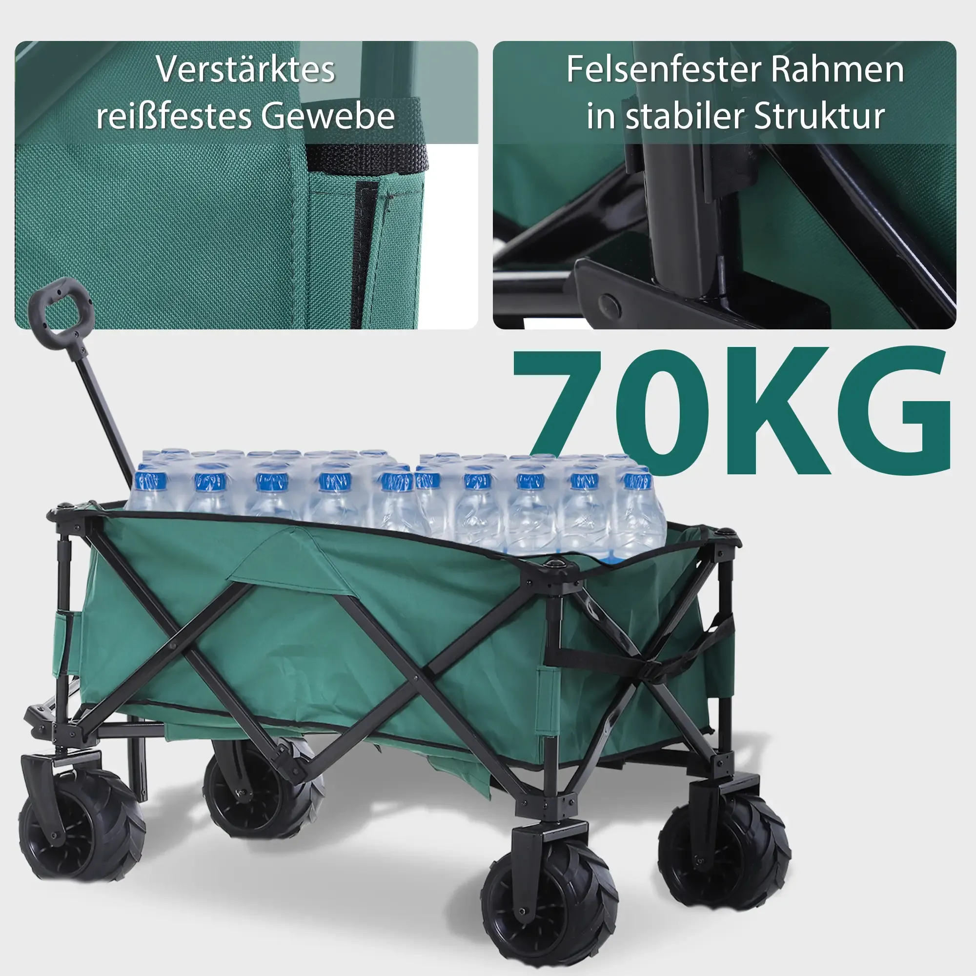 Grüner Wagen mit Wasserflaschen gefüllt. Der Wagen hat schwarze Räder und Rahmen. Das Bild enthält Text.