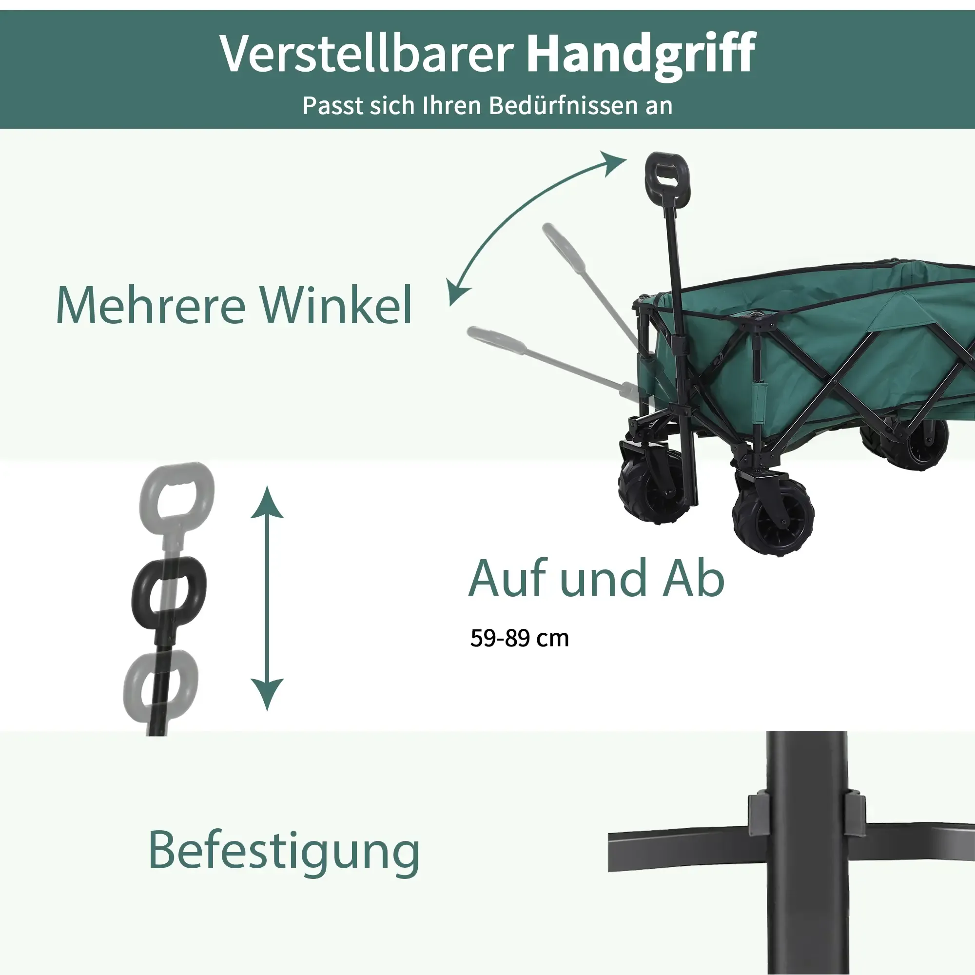 Bild zeigt den verstellbaren Griff eines grünen Wagens. Es zeigt, wie sich der Griff auf und ab bewegt.