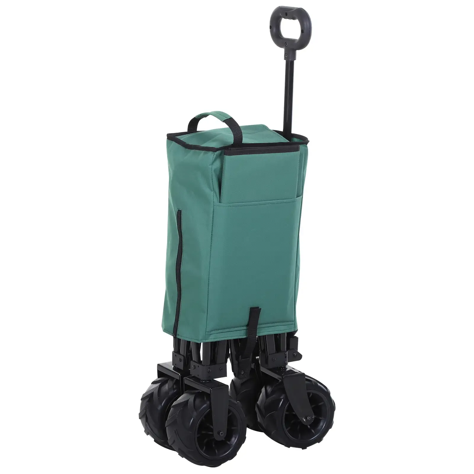 Ein grüner Wagen zusammengeklappt, mit schwarzem Rahmen und Rädern, mit einem Griff und einer Tasche. Er ist zusammengeklappt.