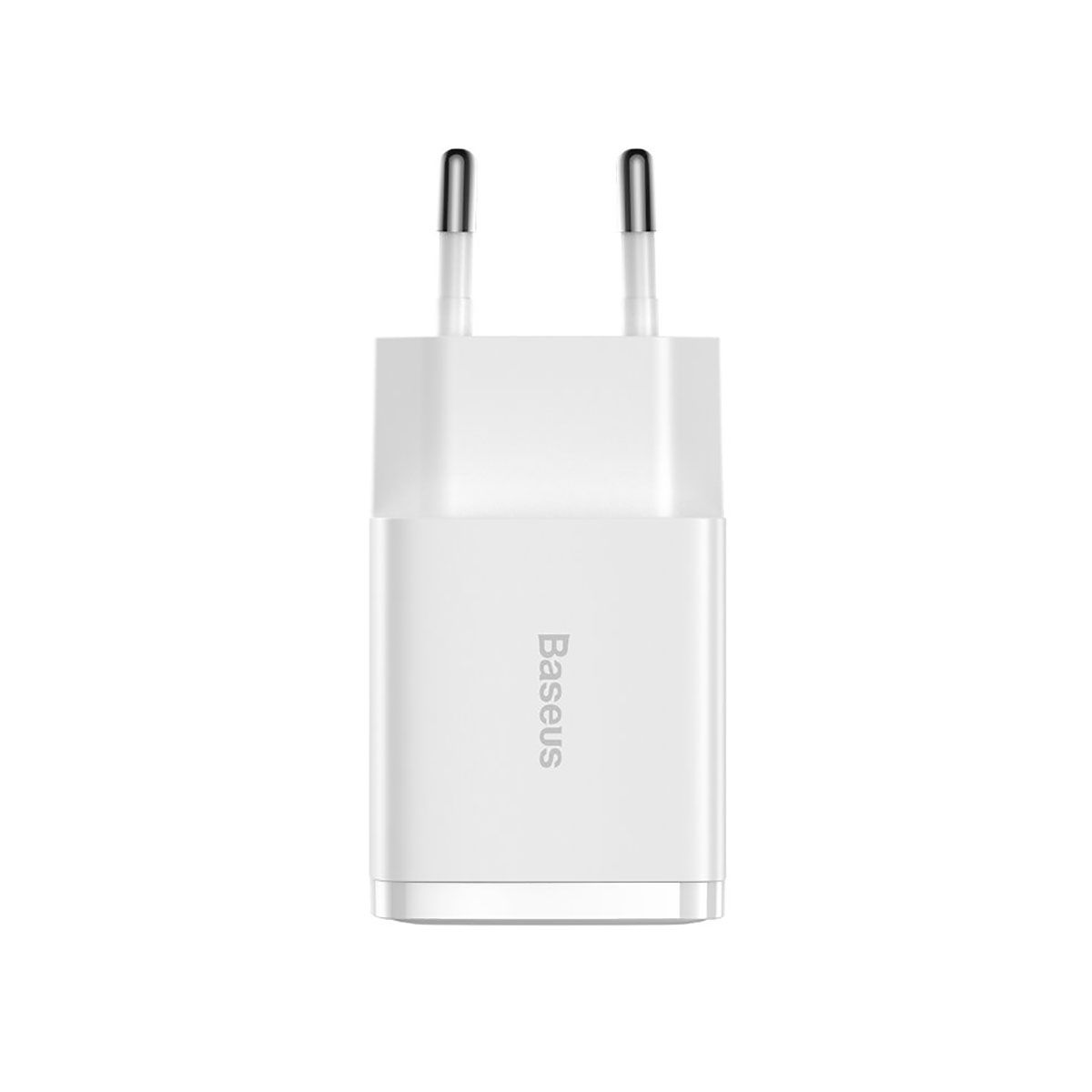Biała ładowarka USB Baseus z dwoma portami USB i dwoma wtyczkami.