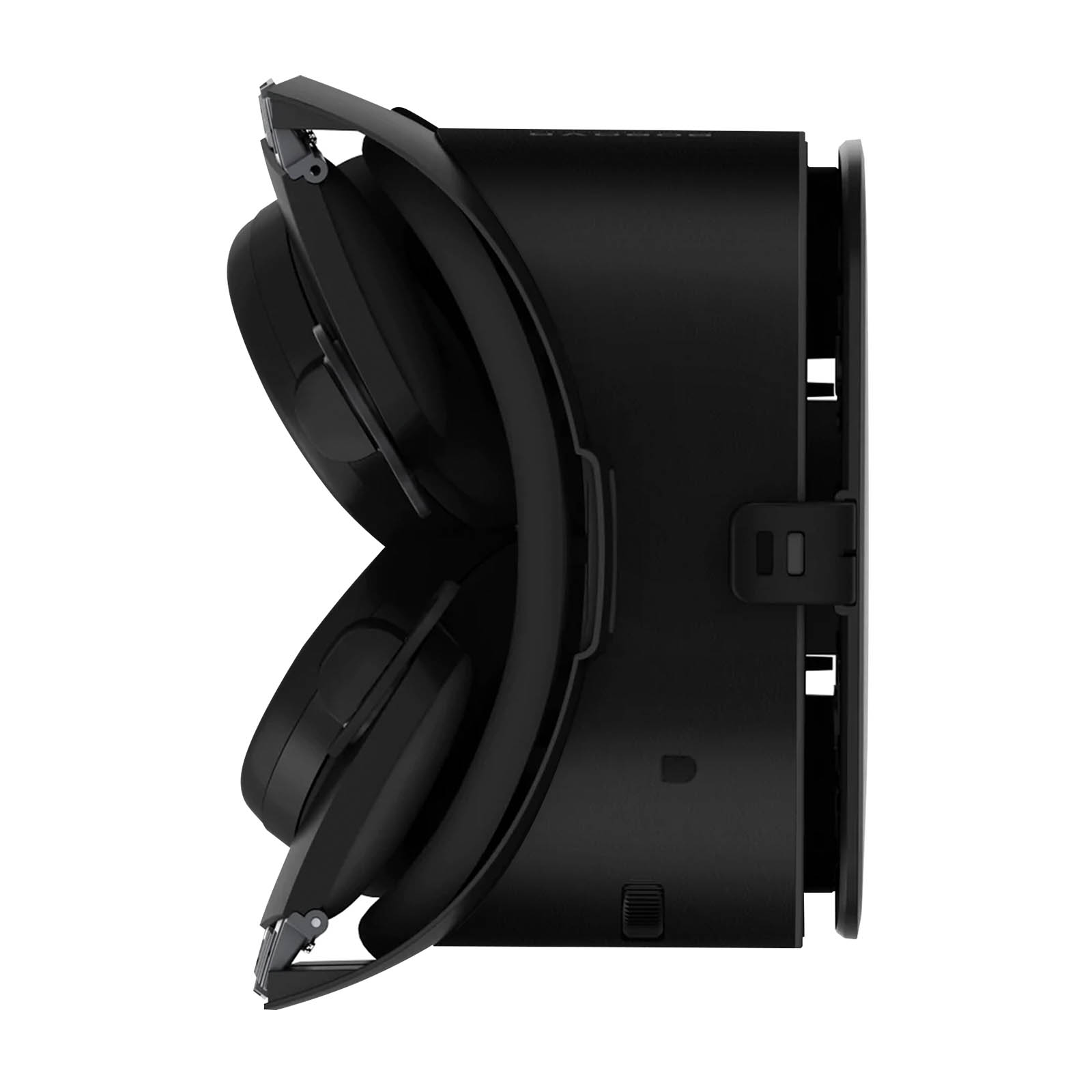 Seitenansicht eines VR-Headsets, schwarz, mit verstellbaren Kopfriemen und Ohrmuscheln.