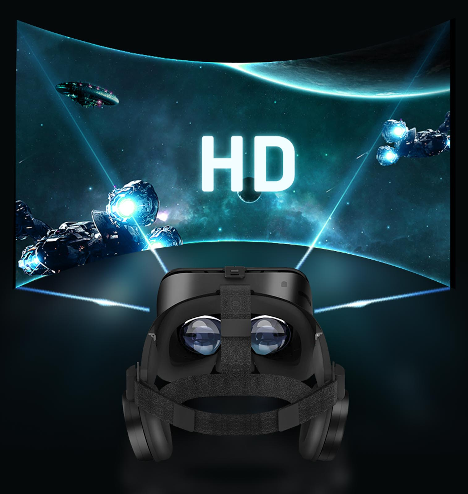 VR-Headset, das eine futuristische Szene mit Raumschiffen und Planeten zeigt.