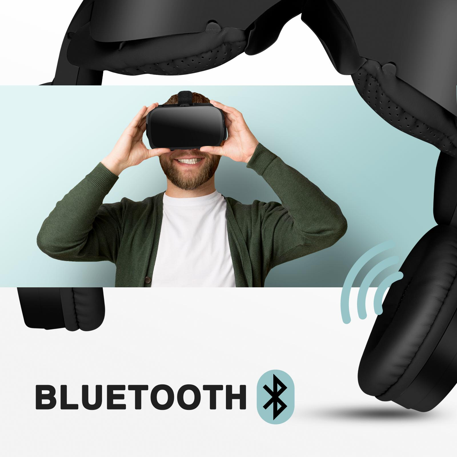 Ein Mann mit VR-Brille und Kopfhörern mit einem Bluetooth-Symbol. Der Hintergrund ist blau.