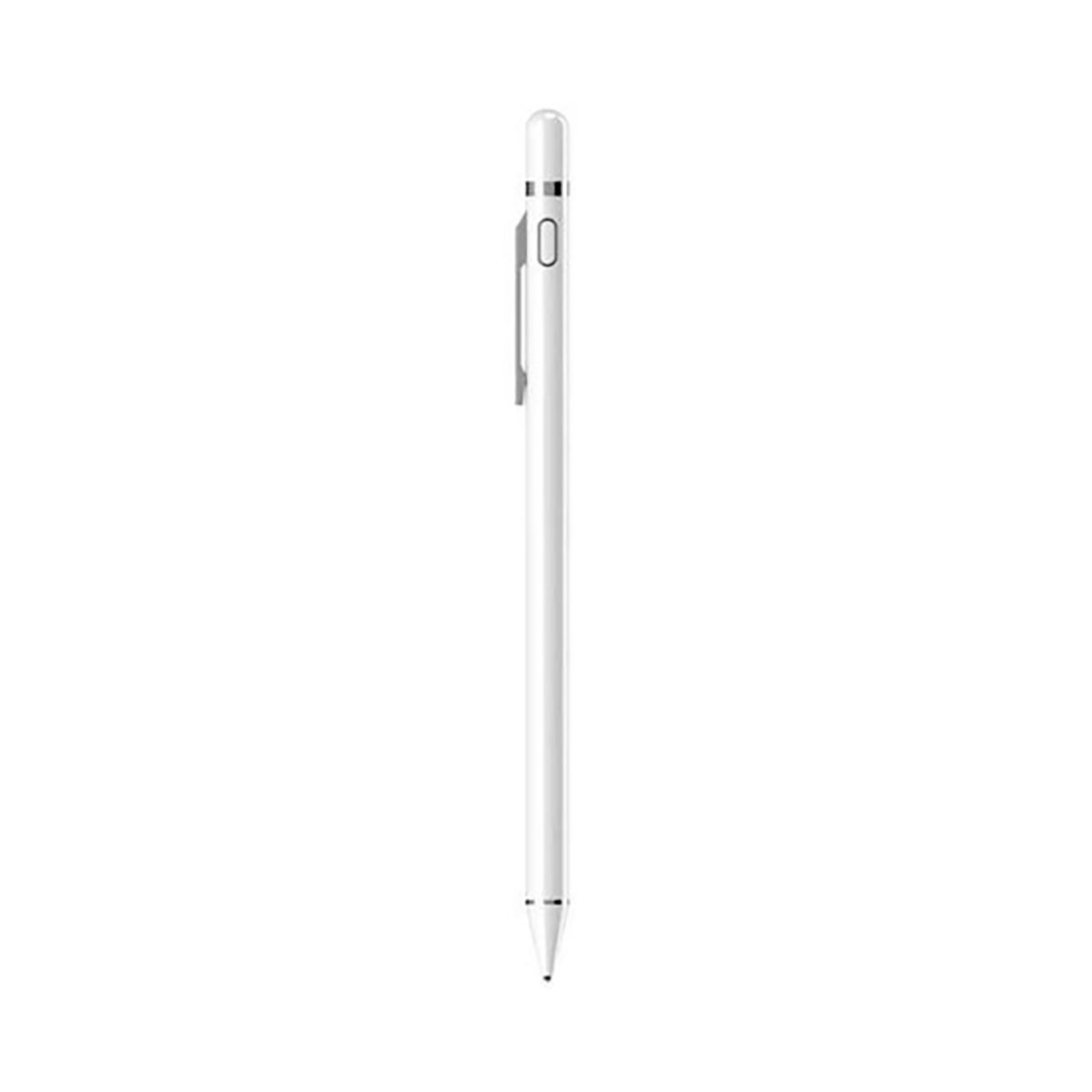 Uno stilo bianco con una clip argentata su uno sfondo bianco.