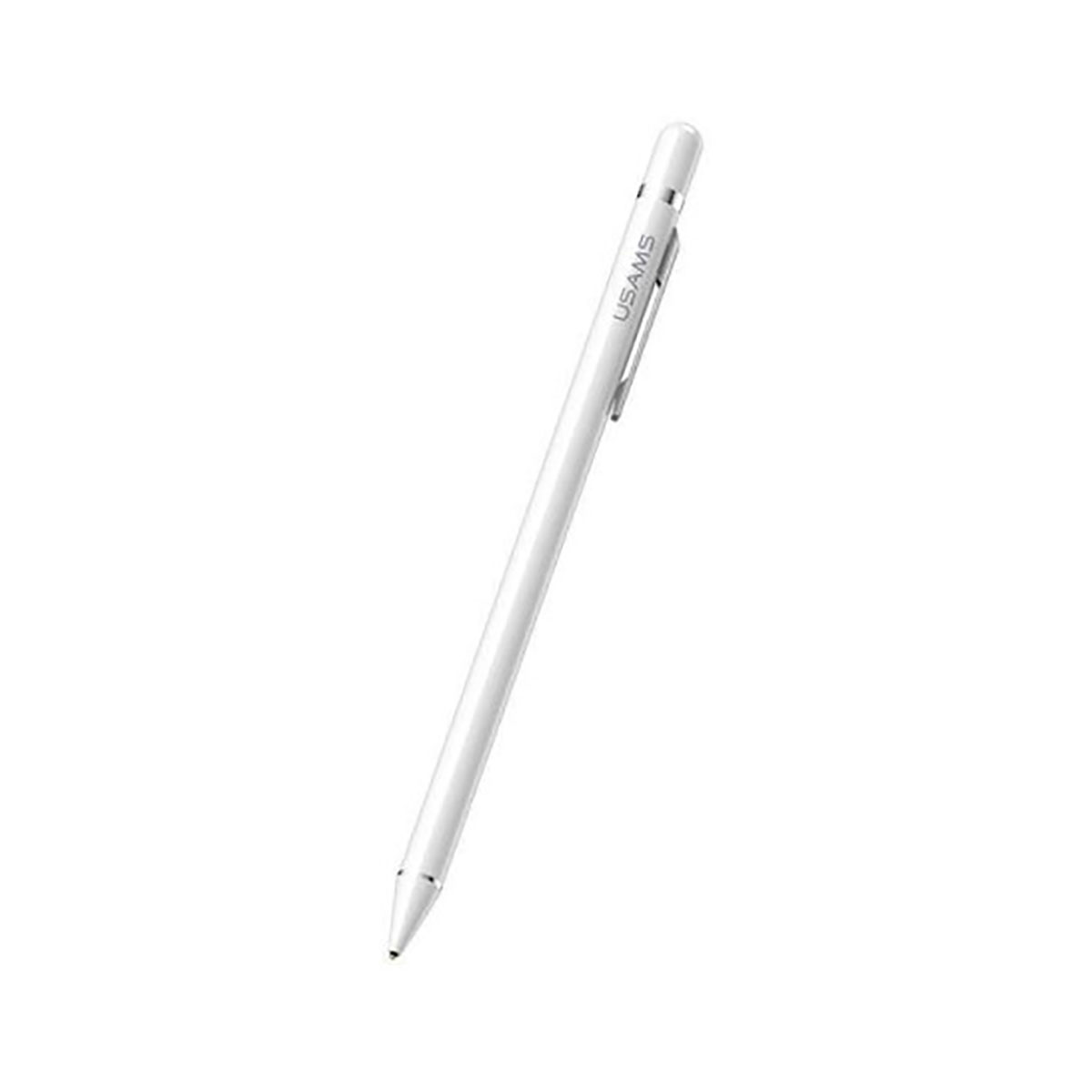 Uno stilo bianco con una clip argentata su uno sfondo bianco.