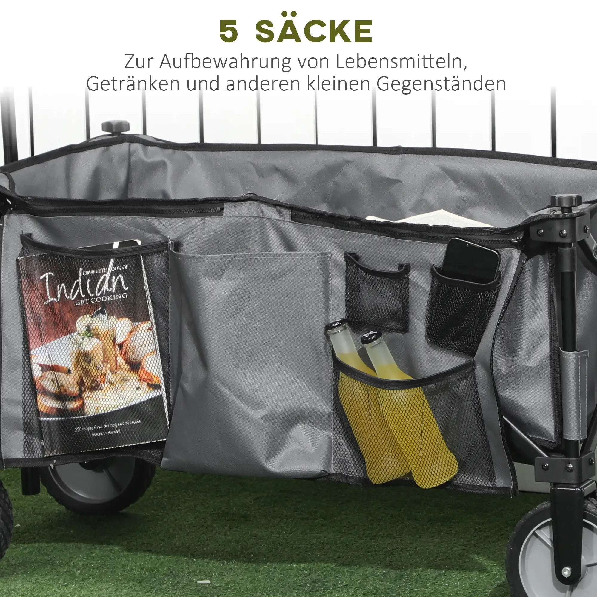 Ein Servicewagen mit Taschen und zwei Bierflaschen. Text auf Deutsch oben.