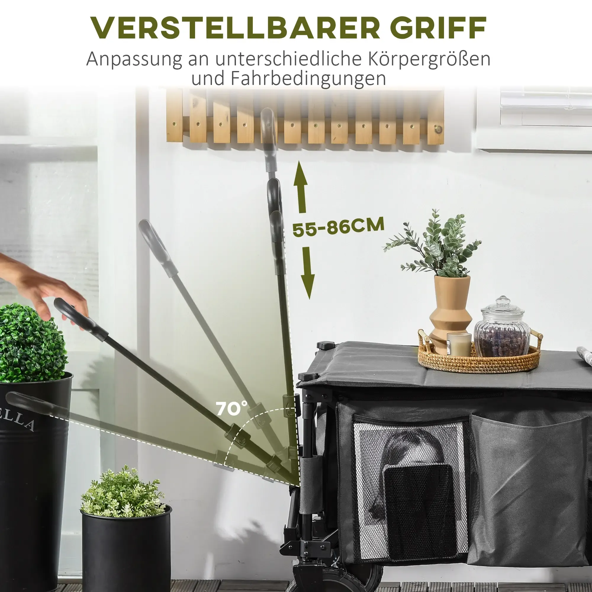 Ein Servicewagen mit verstellbarem Griff, Pflanzen und Text. Der Hintergrund ist weiß.
