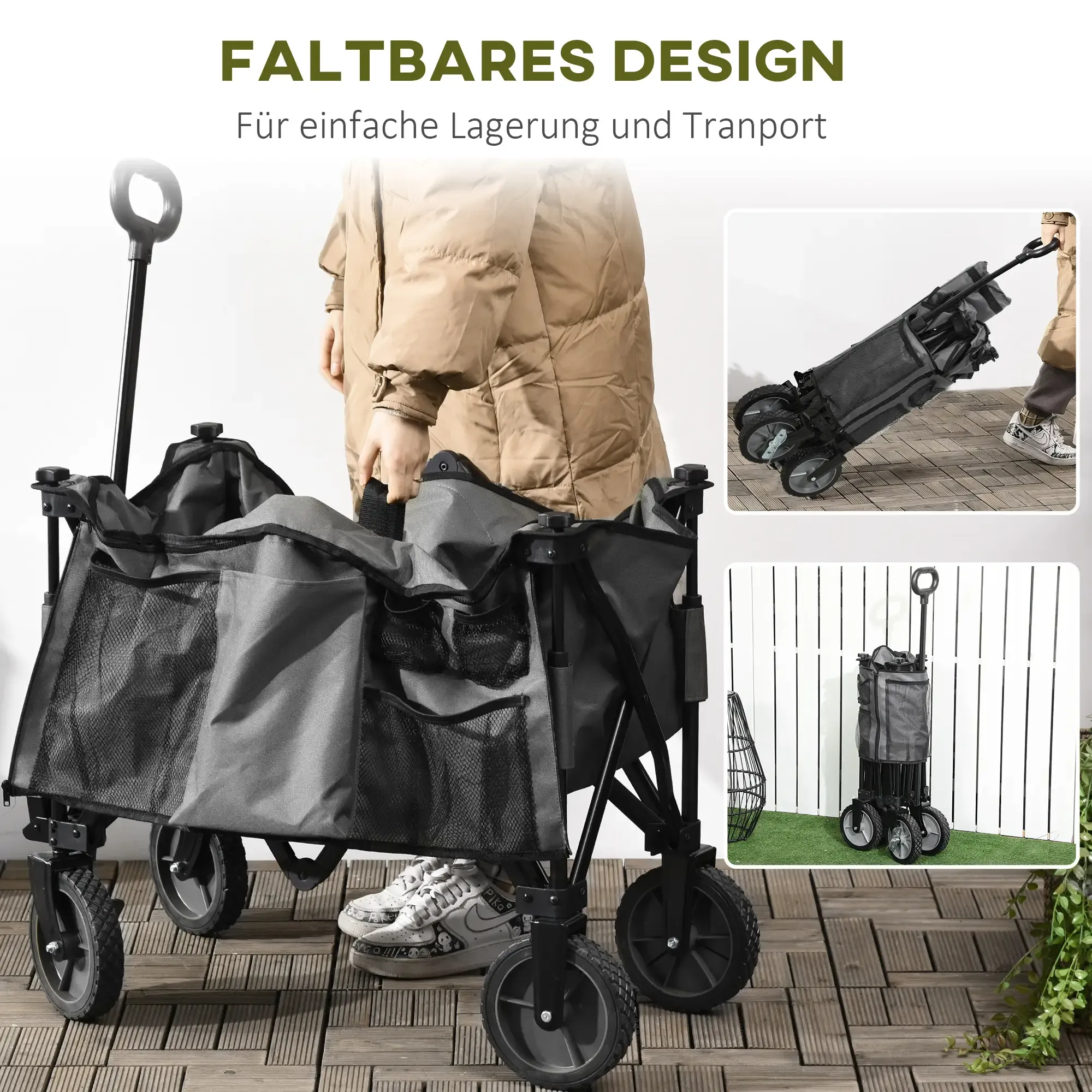 Eine Person zieht einen zusammengeklappten grauen Wagen, der seine Tragbarkeit zeigt. Text: Faltbares Design.