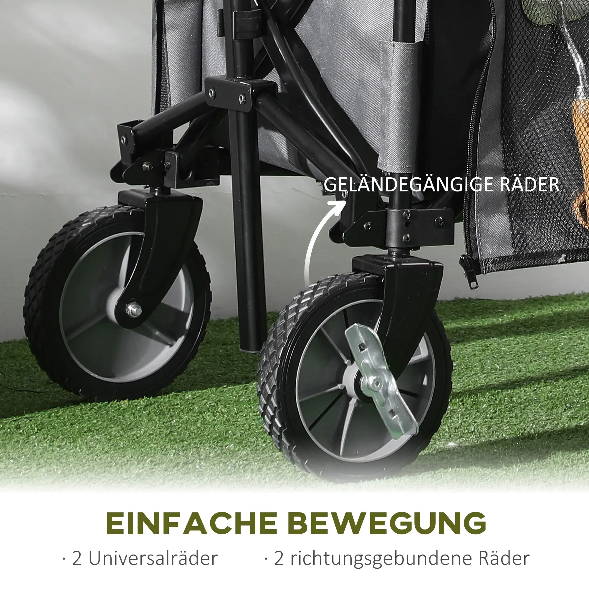 Schwarze Wagenräder auf grüner Oberfläche. Der Text auf Deutsch lautet: 'Einfache Bewegung' und 'Geländegängige Räder'.