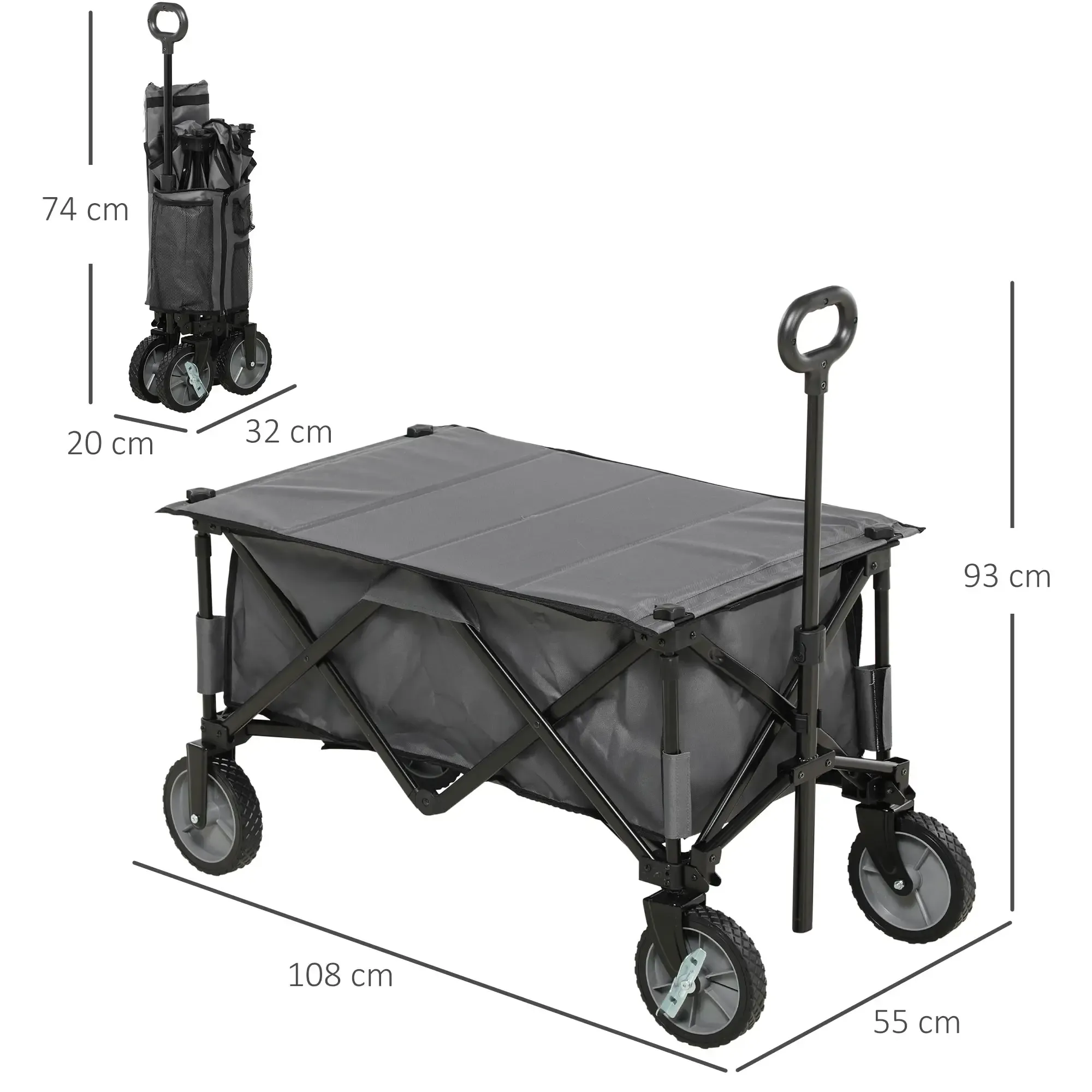 Faltwagen mit angezeigten Abmessungen: 108 cm lang, 93 cm hoch, 55 cm breit. Zeigt auch gefaltete Maße.