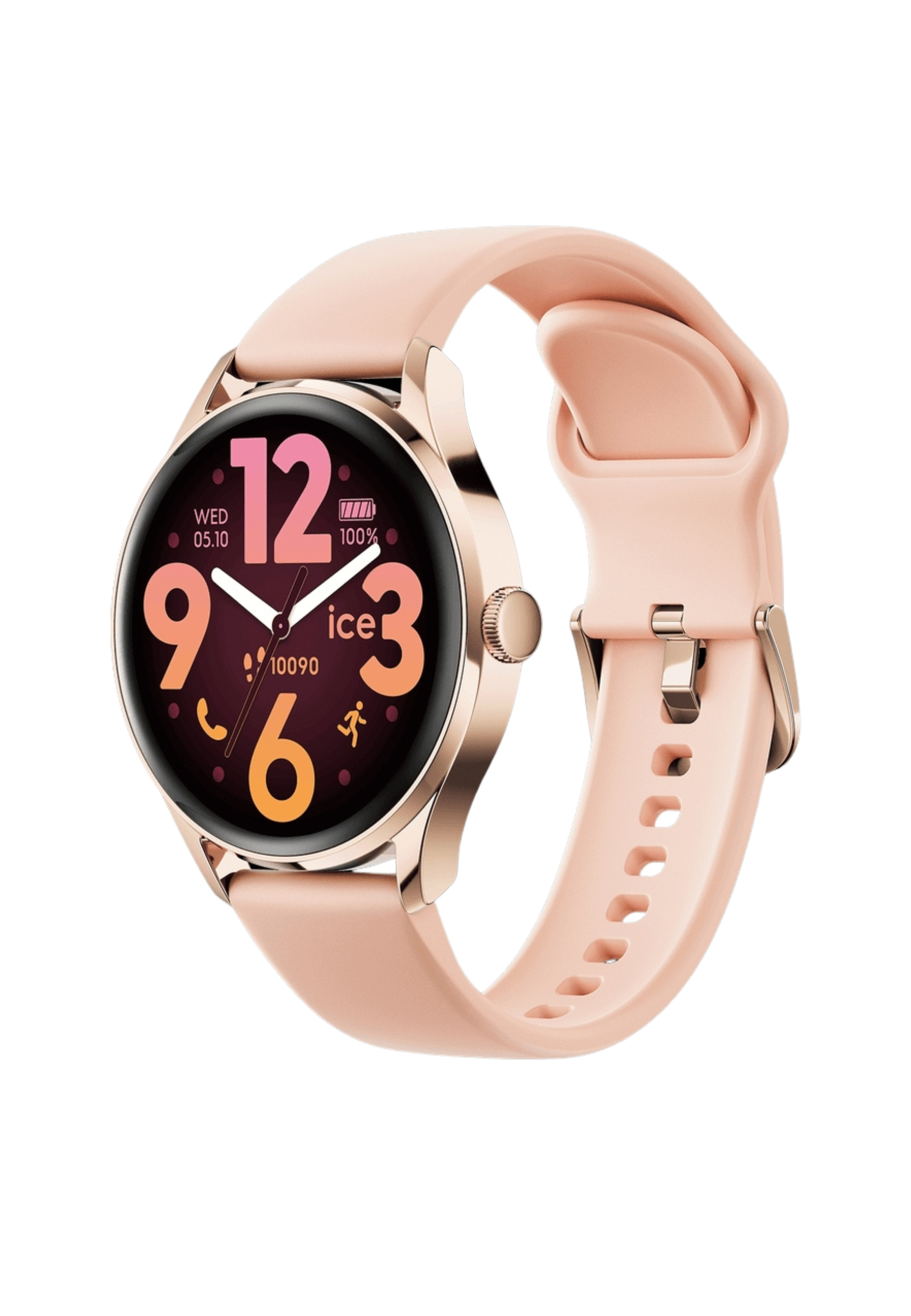 Roségoldene Smartwatch mit rundem Zifferblatt, das Uhrzeit, Datum und Akkustand anzeigt. Rosa Band.
