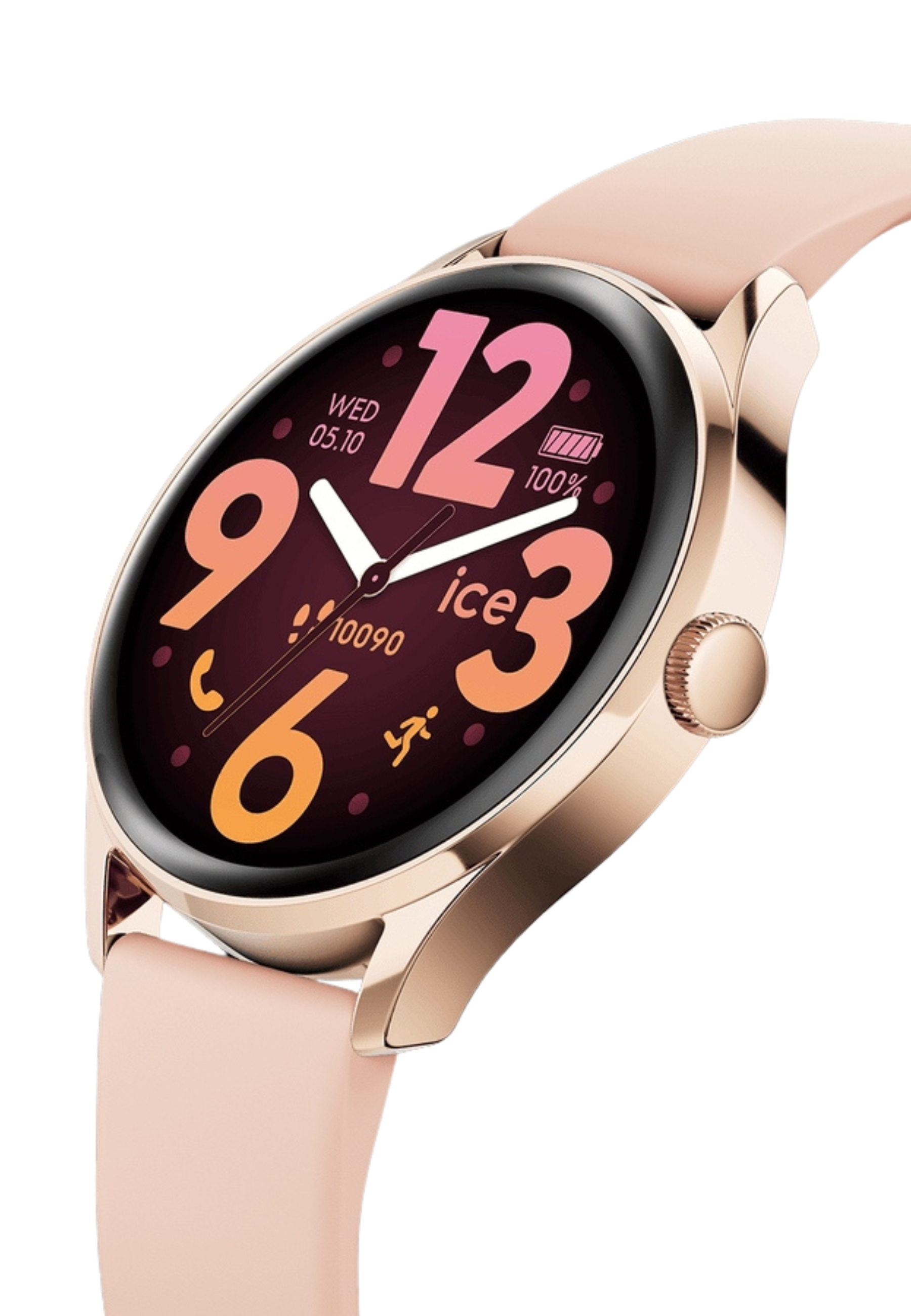 Roségoldene Smartwatch mit rundem Zifferblatt, das Uhrzeit, Datum und Akkustand anzeigt. Rosa Band.