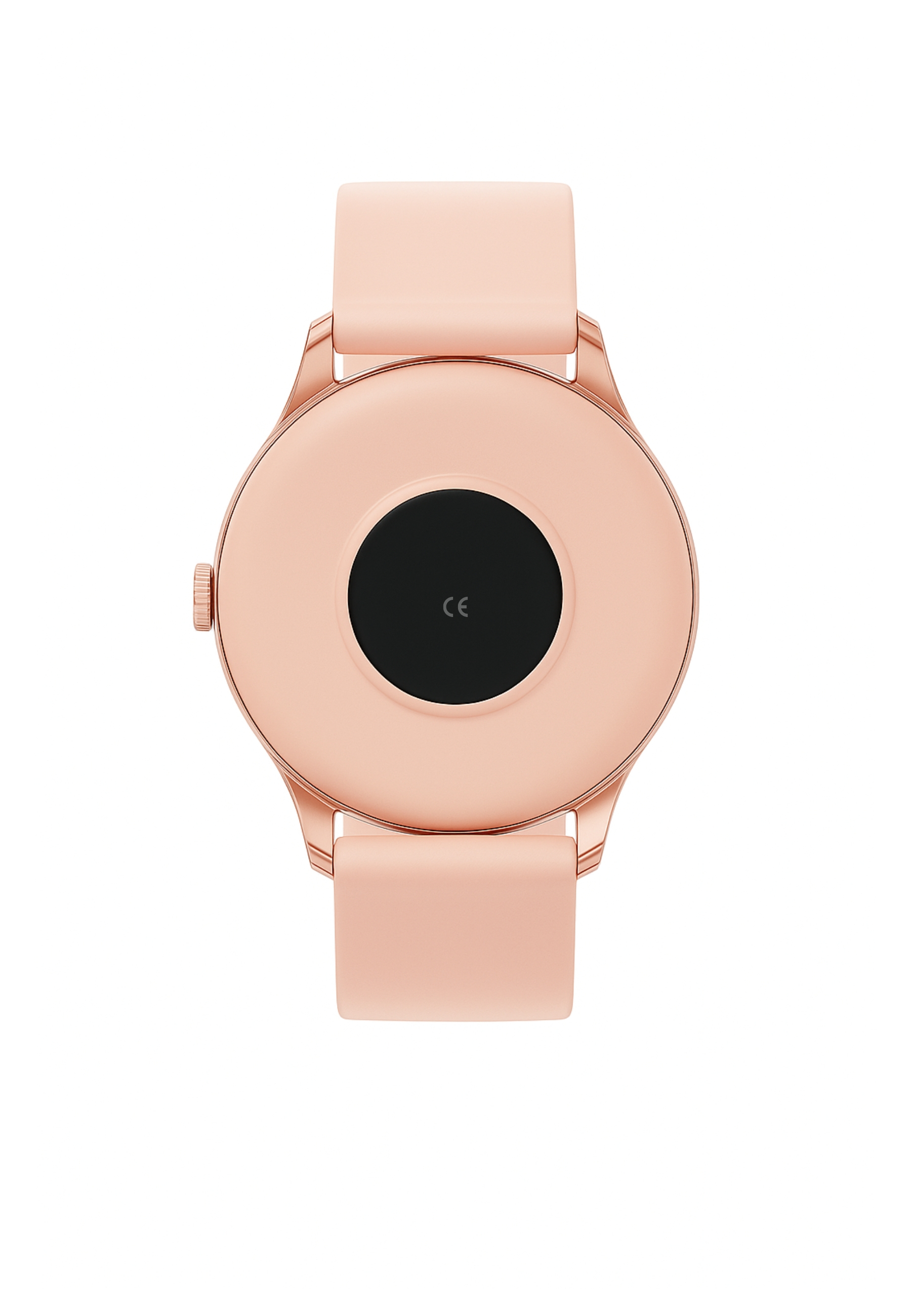 Die Rückseite einer roségoldenen Smartwatch mit einem schwarzen kreisförmigen Sensor und einem rosafarbenen Armband.