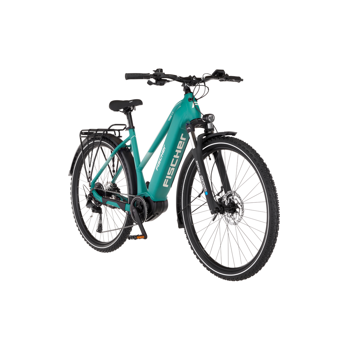 Ein türkisfarbenes Fahrrad mit schwarzen Reifen und Komponenten. Das Fahrrad steht vor weißem Hintergrund.