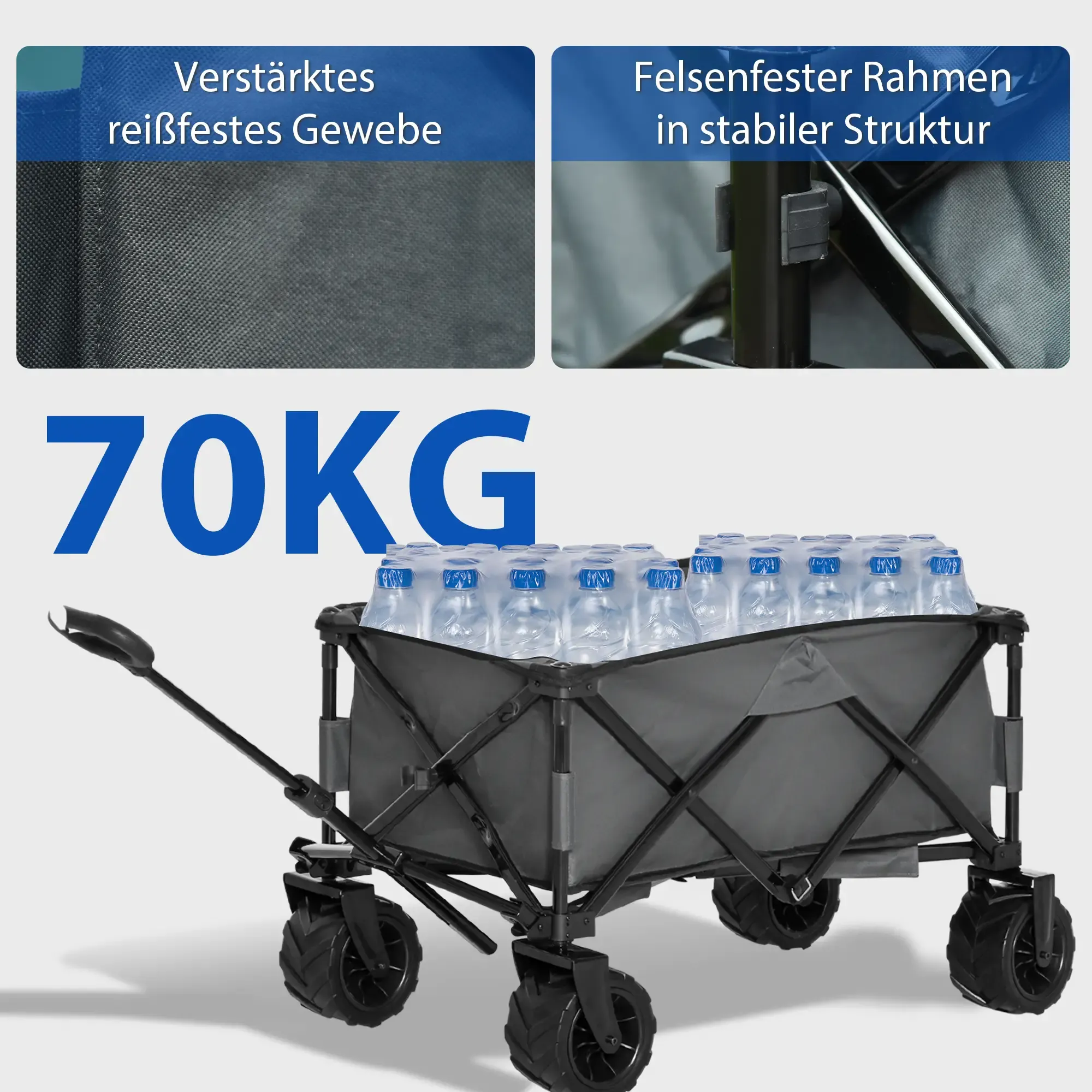 Ein grauer Klappwagen mit einer Ladung Wasserflaschen. Er hat große Räder und einen Griff. Text: 70 kg.