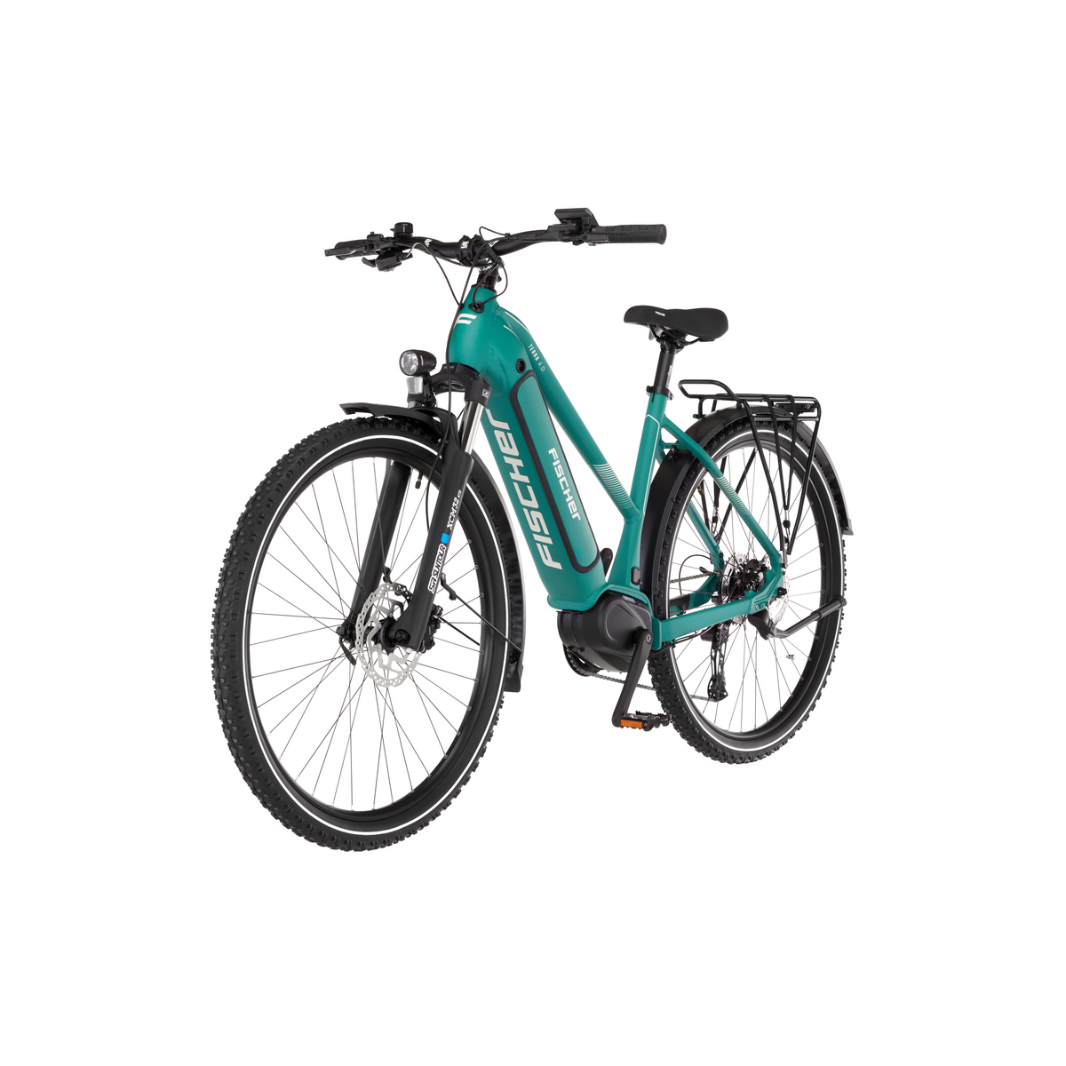 Ein türkisfarbenes Elektrofahrrad. Es hat schwarze Reifen, einen schwarzen Sitz und einen schwarzen Gepäckträger.