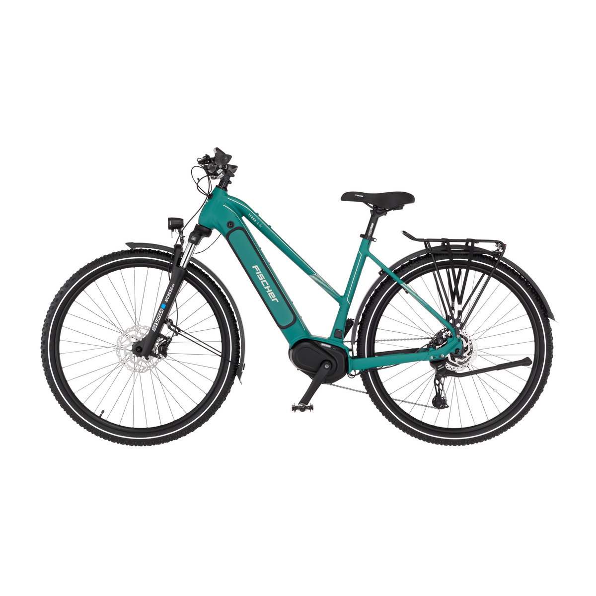Ein türkisfarbenes Elektrofahrrad. Es hat schwarze Reifen, einen schwarzen Sitz und einen schwarzen Gepäckträger.
