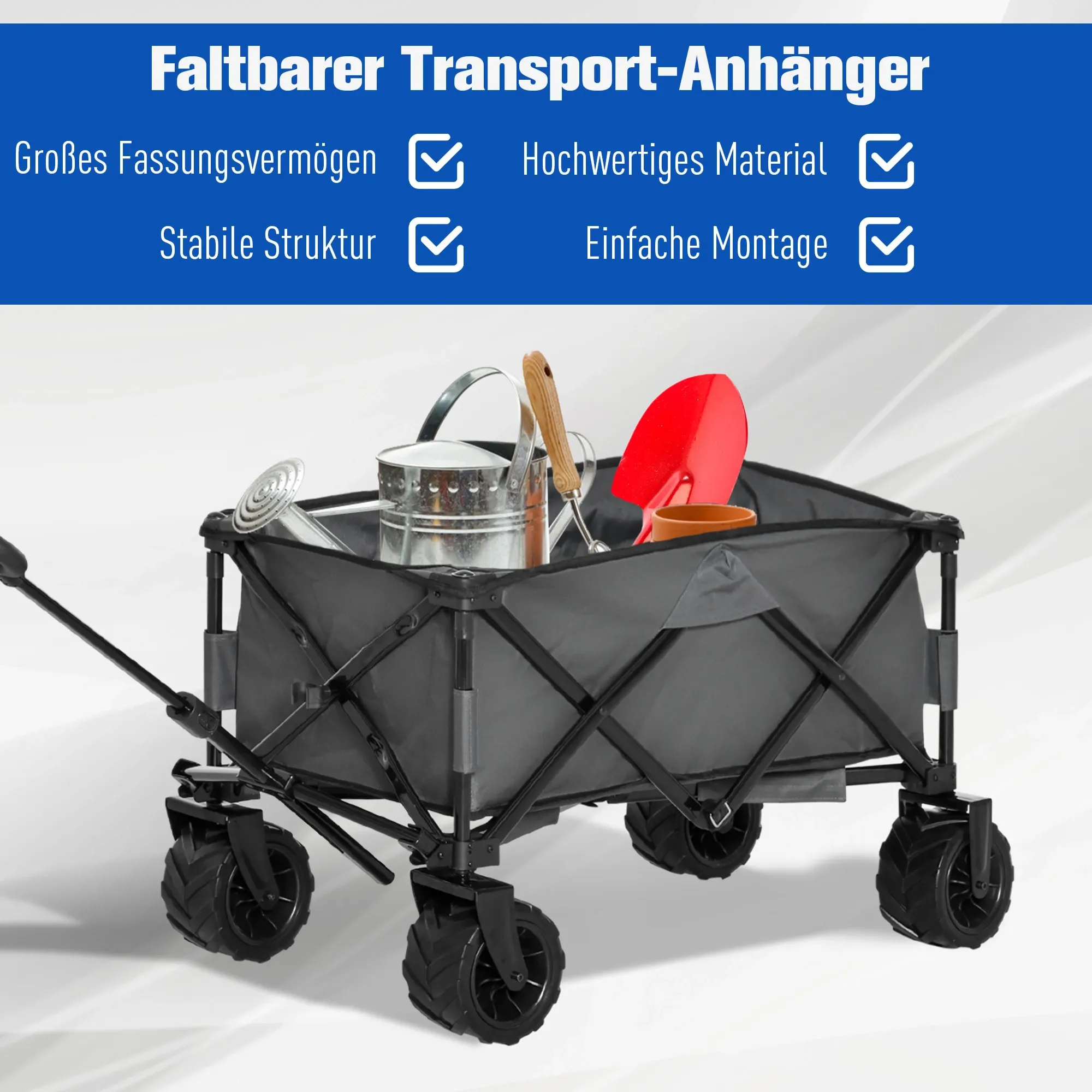 Ein grauer Faltwagen mit Gegenständen. Text: Faltbarer Transport-Anhänger. Häkchen werden angezeigt.
