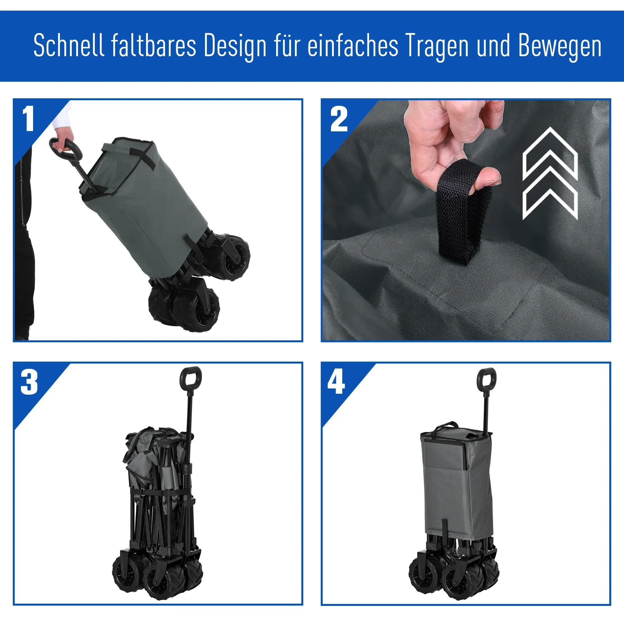 Vierteiliges Bild, das einen faltbaren Wagen zeigt. Die Schritte zeigen das Falten und Entfalten.