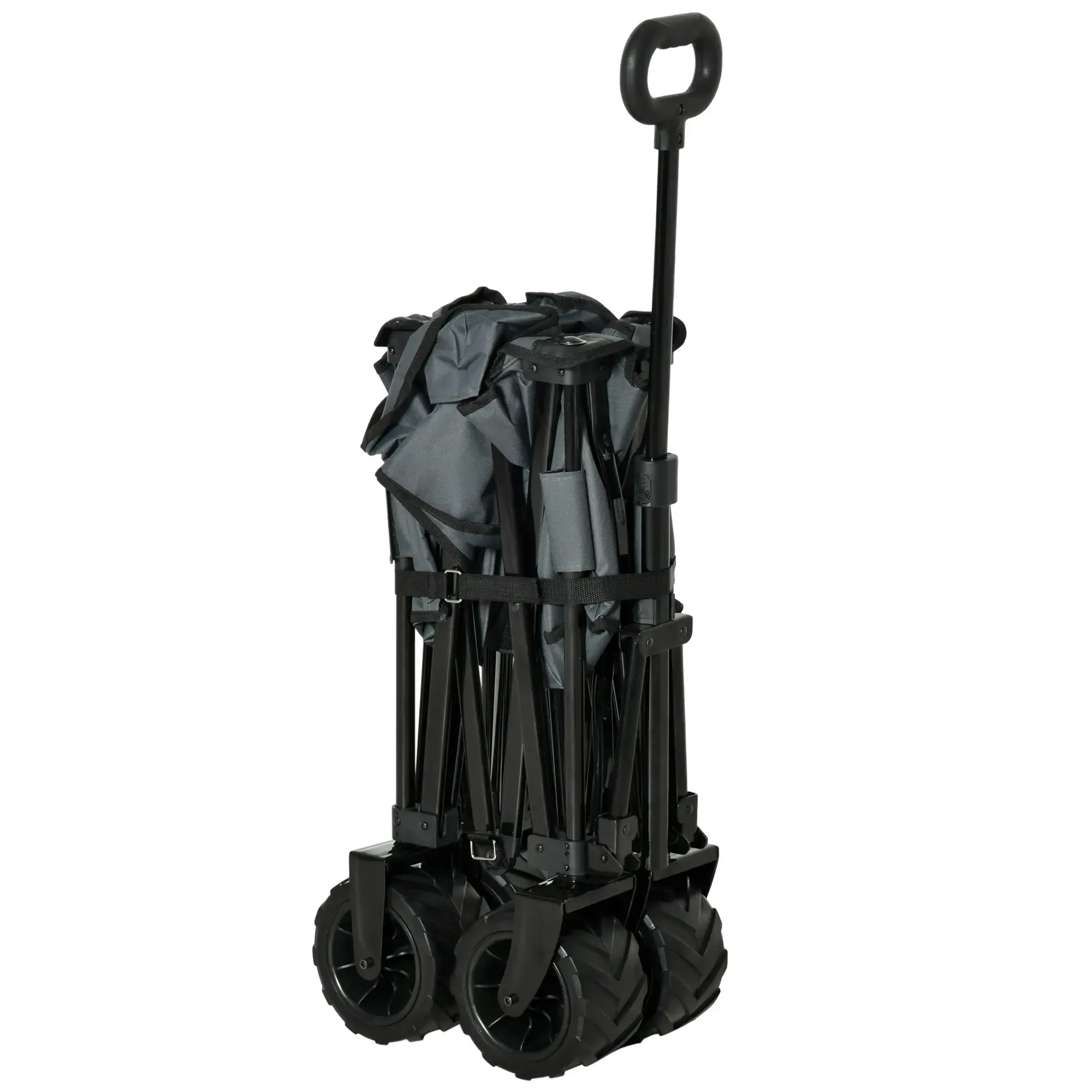Ein zusammengefalteter schwarz-grauer Wagen mit großen Rädern und Griff, vor schlichtem Hintergrund.