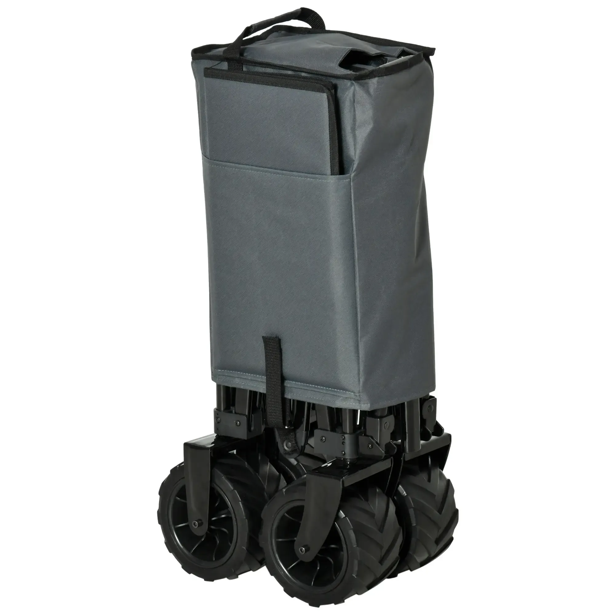 Ein zusammengefalteter schwarzer Wagen mit großen Rädern und einem Griff. Der Wagen steht vor weißem Hintergrund.