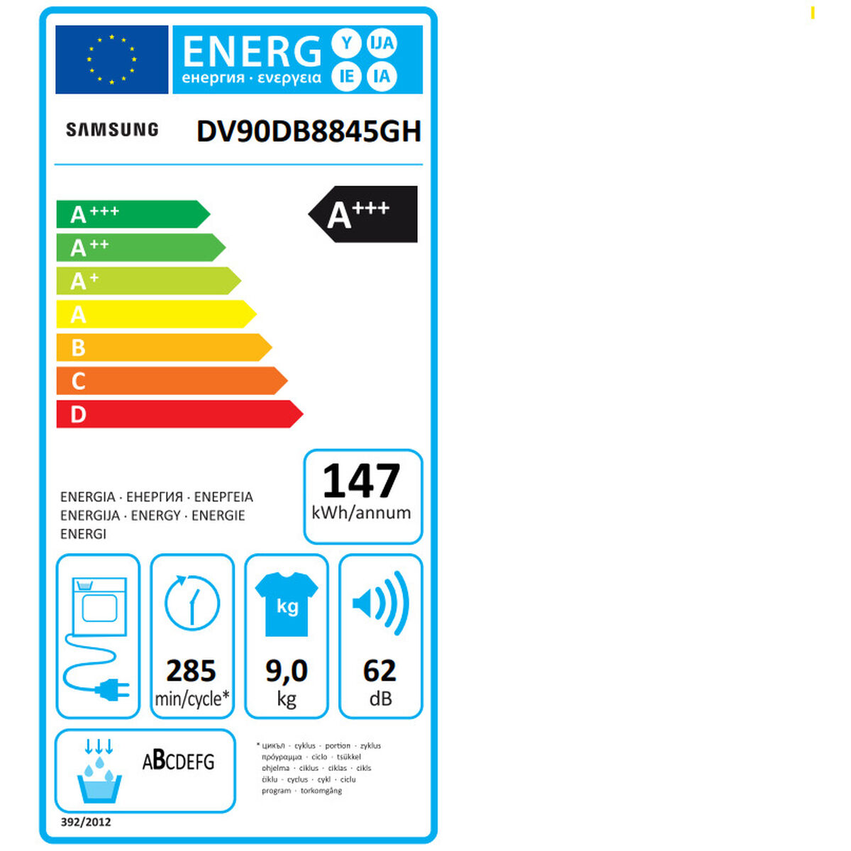 Etiqueta energética de una lavadora Samsung. Muestra la eficiencia energética y otros datos.