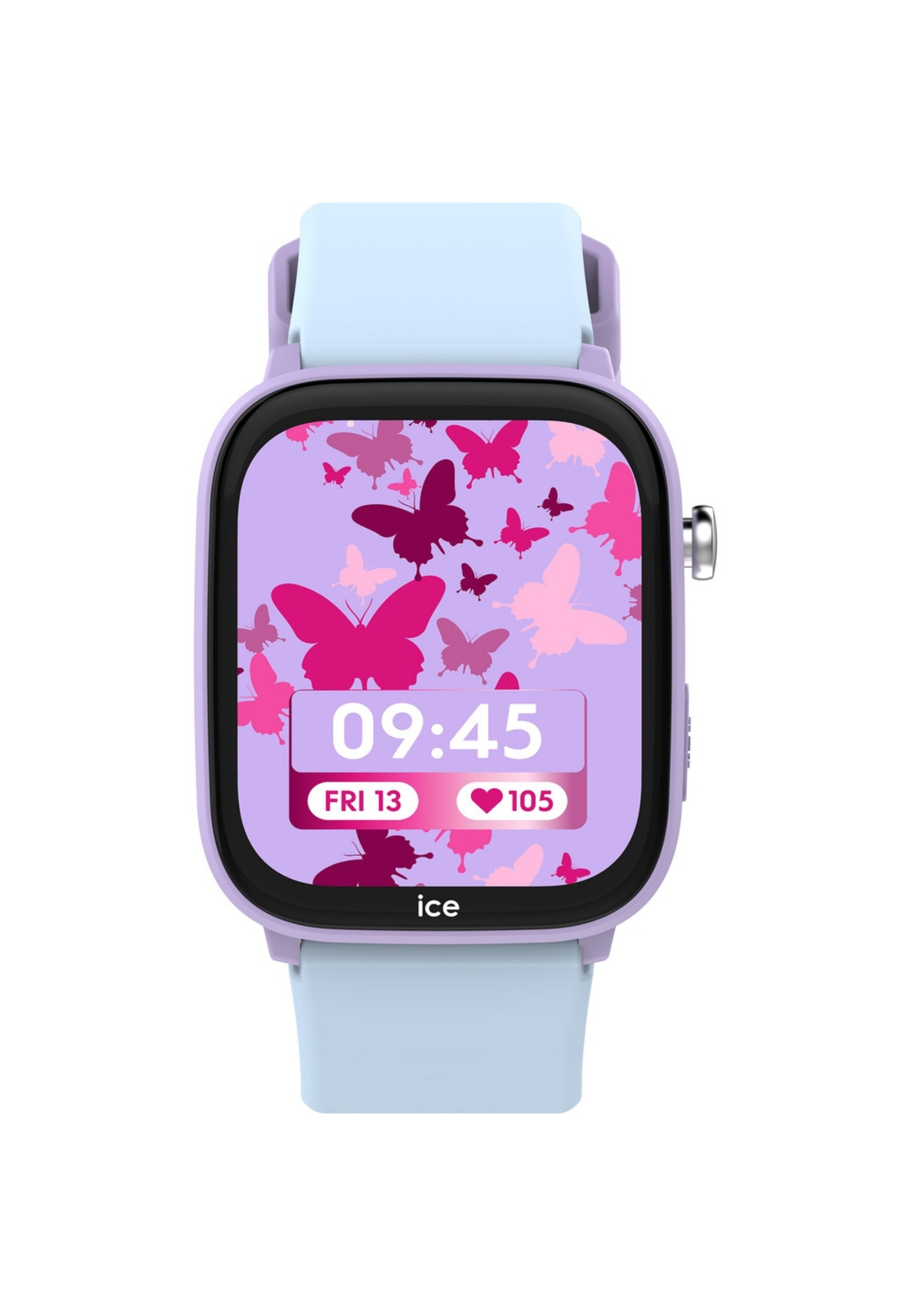 Smartwatch per bambini con quadrante viola che mostra ora e frequenza cardiaca, con disegni di farfalle.