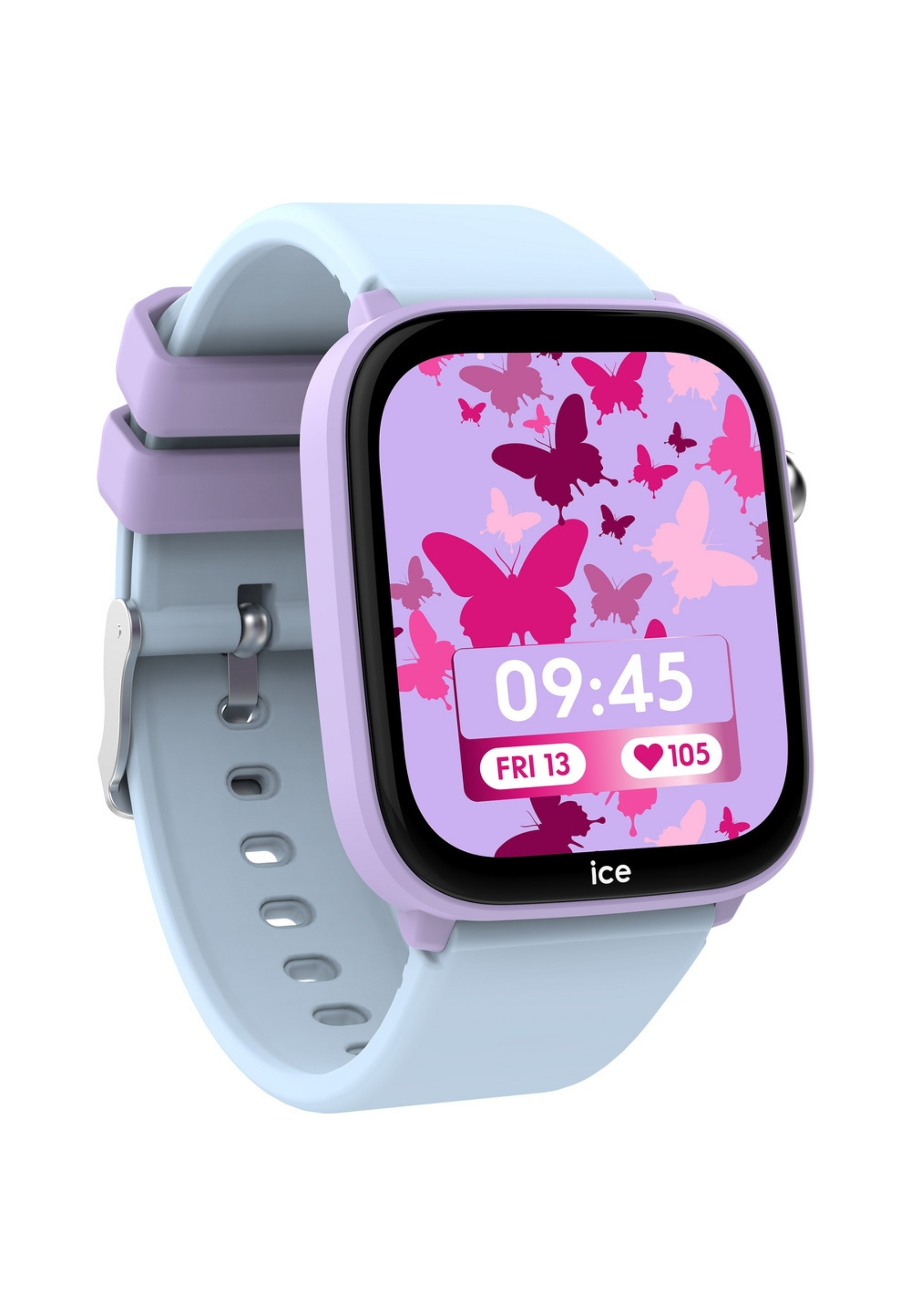 Uno smartwatch viola con cinturino azzurro, che mostra un'interfaccia a tema farfalle.