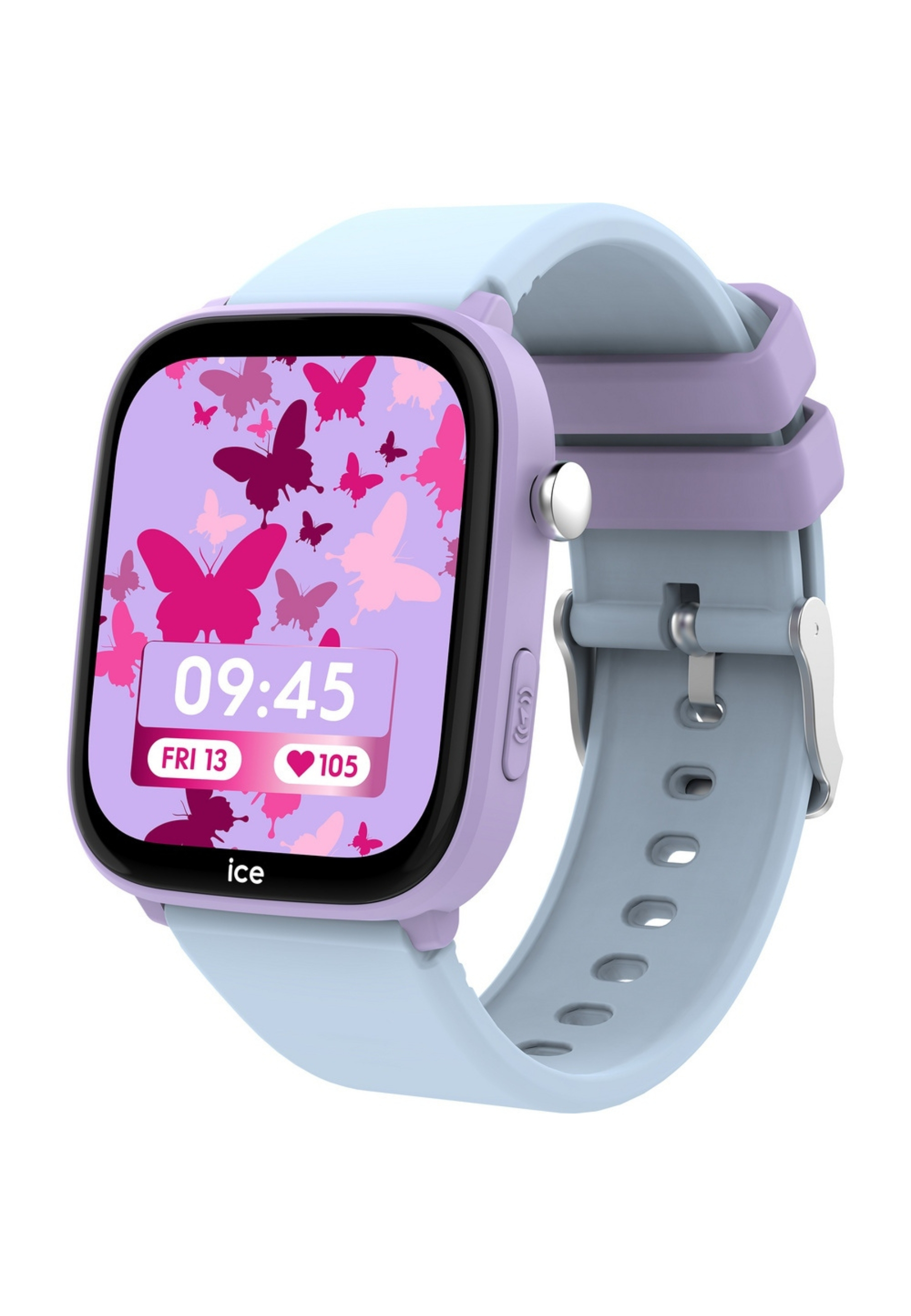Smartwatch per bambini con quadrante viola che mostra ora e frequenza cardiaca, con disegni di farfalle.