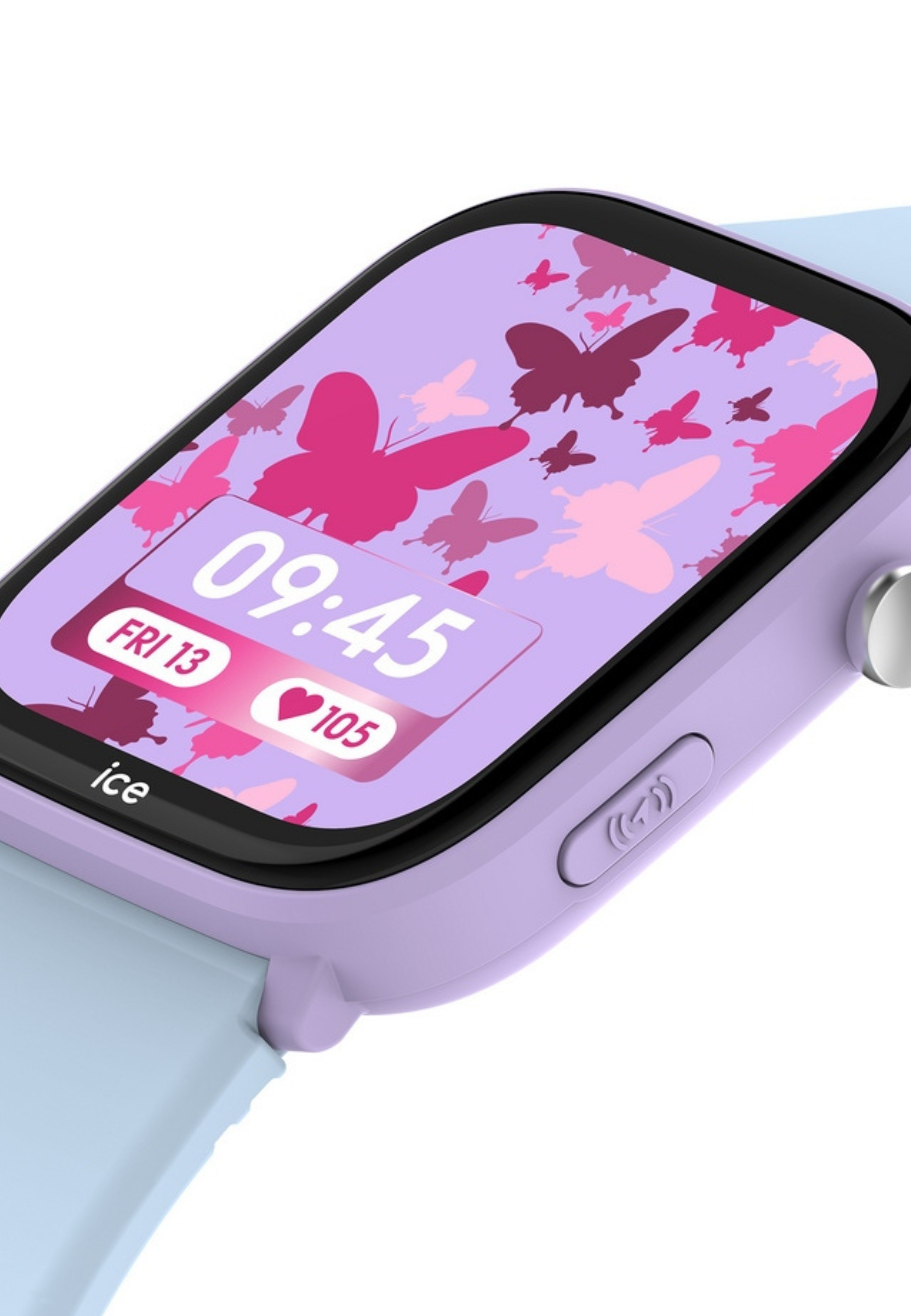 Nahaufnahme der Smartwatch-Oberfläche mit Uhrzeit und Herzfrequenz mit Schmetterlingsgrafiken.