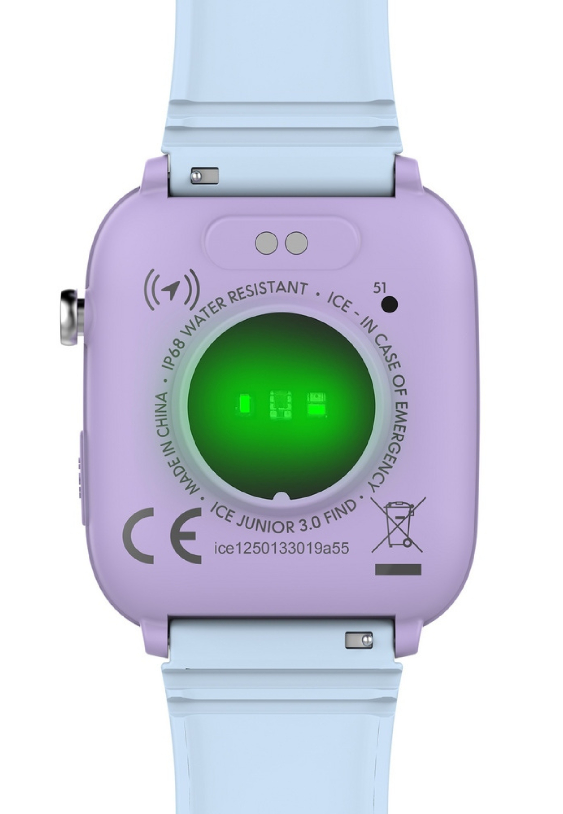 Rückseite einer Kinder-Smartwatch mit befestigtem Armband, zeigt einen grünen Sensor und weitere Details.