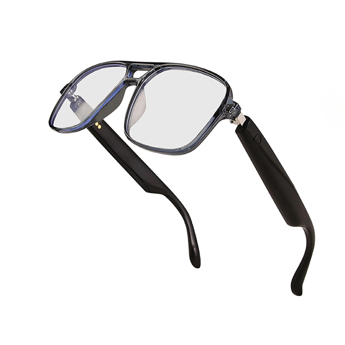 Schwarze Brille mit klaren Gläsern, modernes Design.